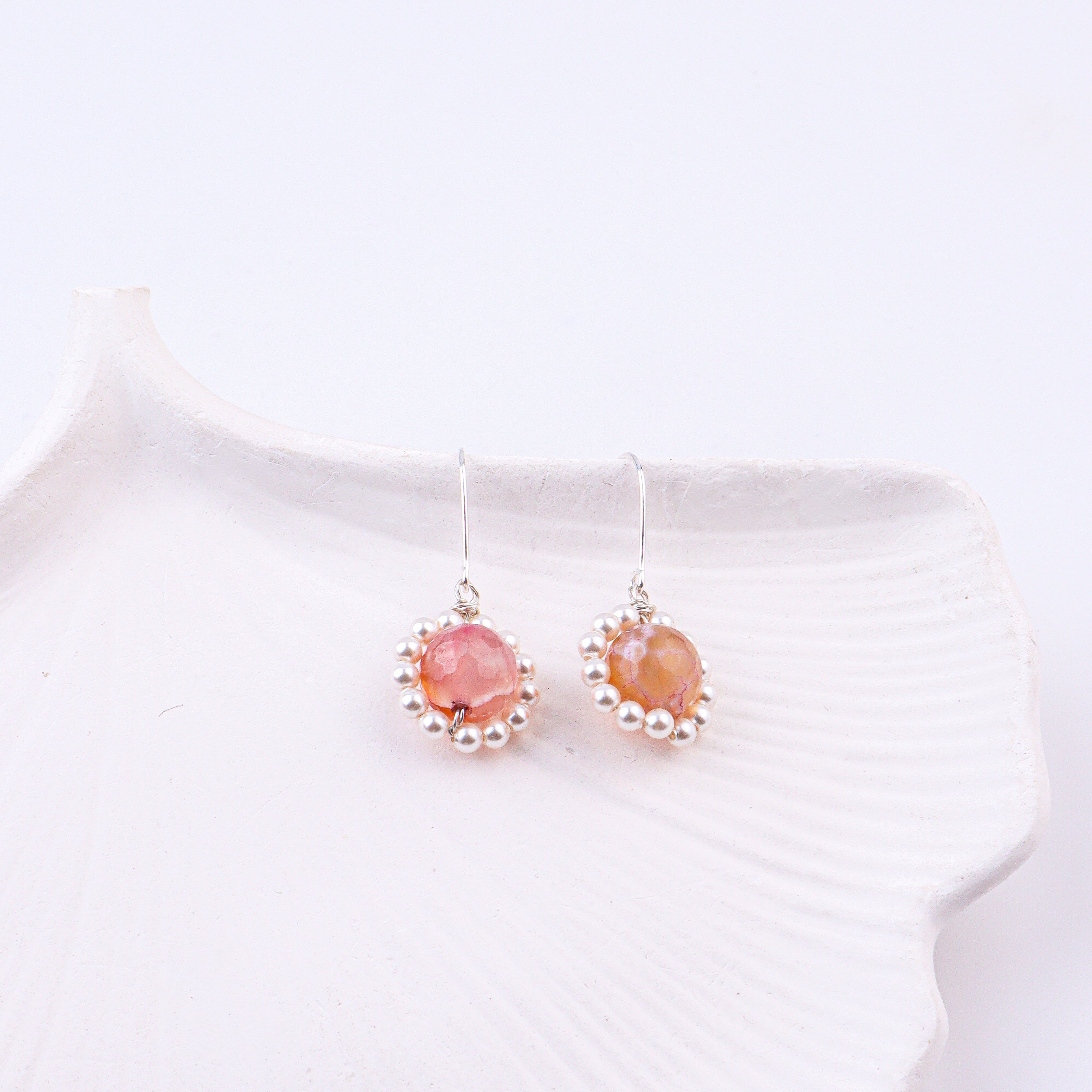 Peach Agate & Pearl Silver Earrings (Project Handmade)