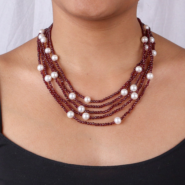 Multi-layer pearl and red bead necklace for women