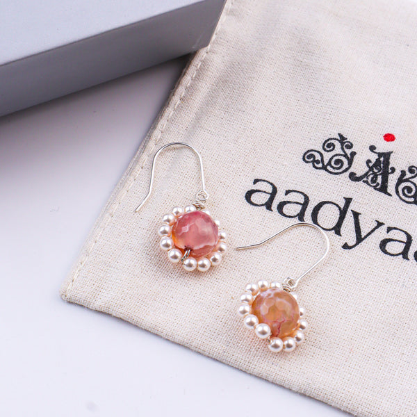 Peach Agate & Pearl Silver Earrings (Project Handmade)