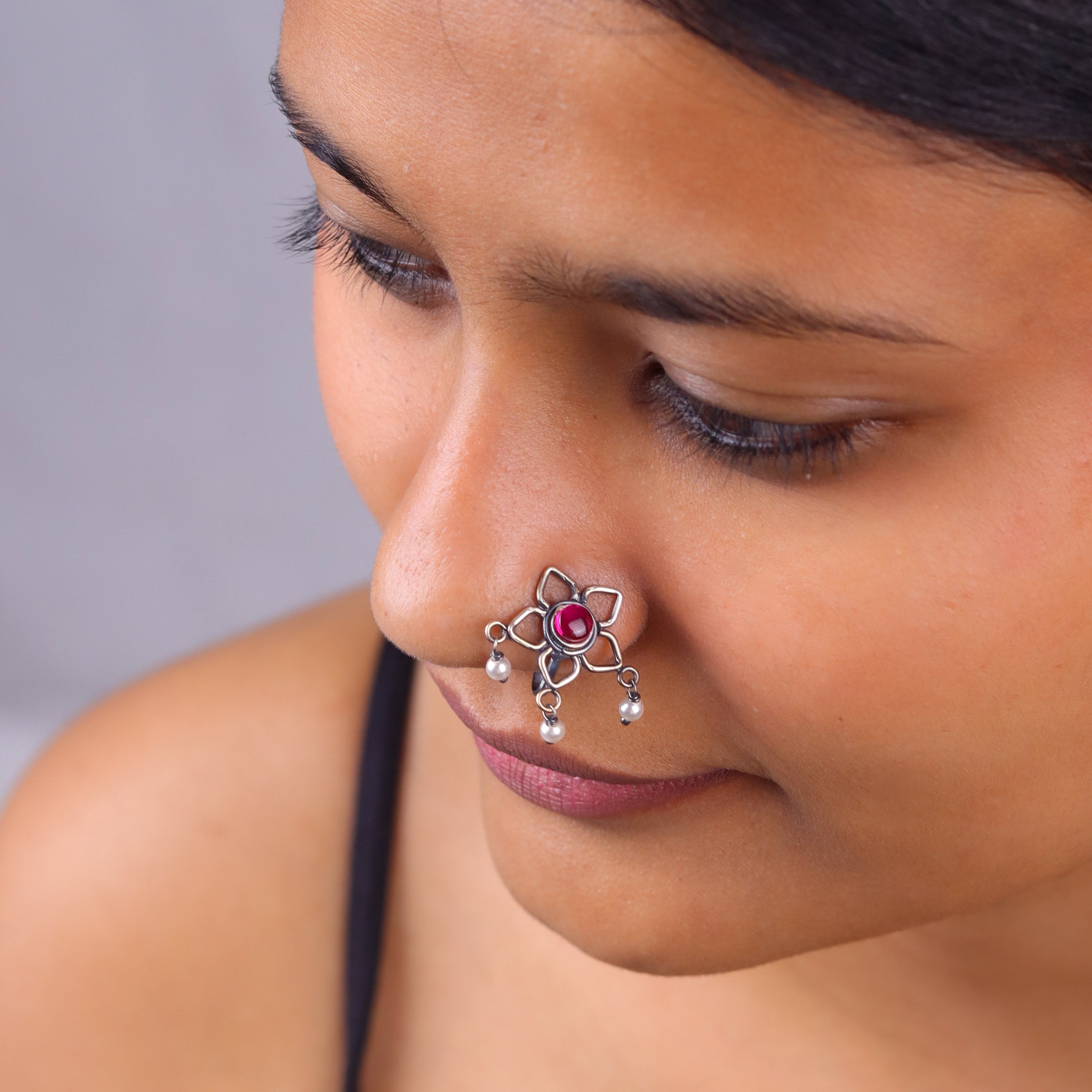 Oxidised Pink Flower Clip-On Nose Pin (Large)