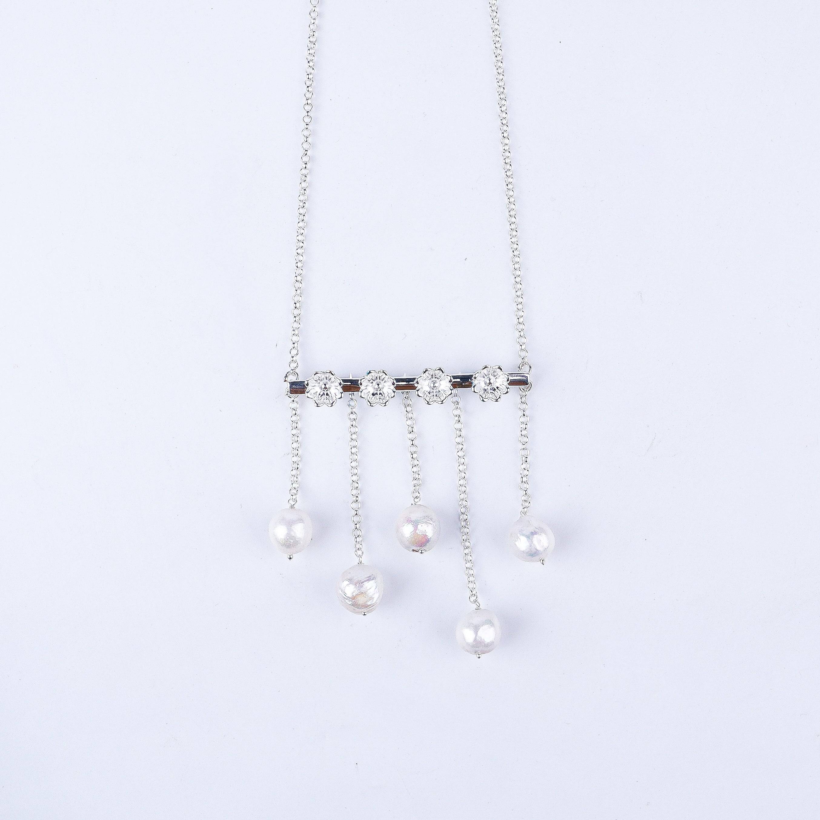 Silver Flower & pearl abstract necklace