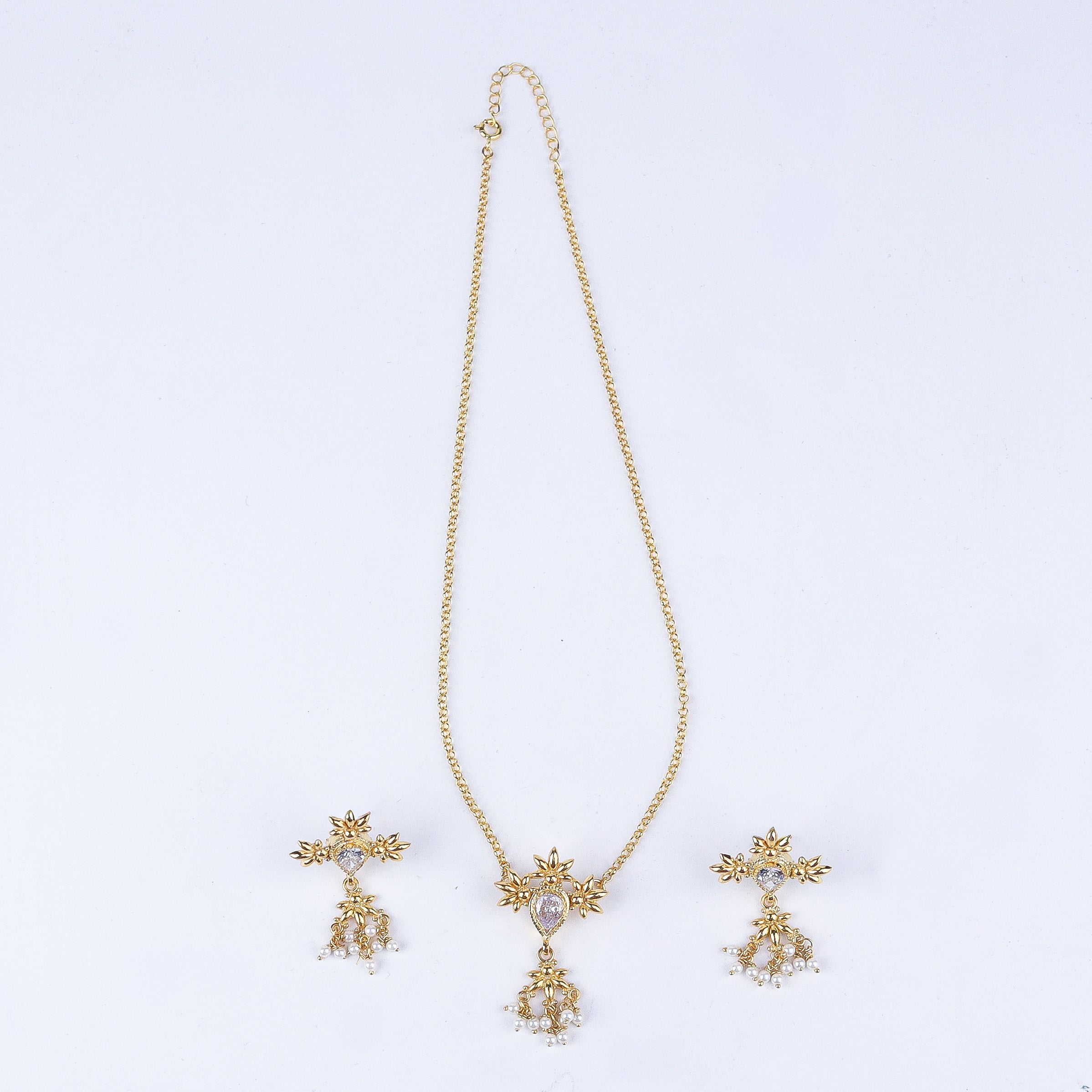 Silver Cz flower tanmani set with pearls | 92.5 Silver | 22K Gold Plated