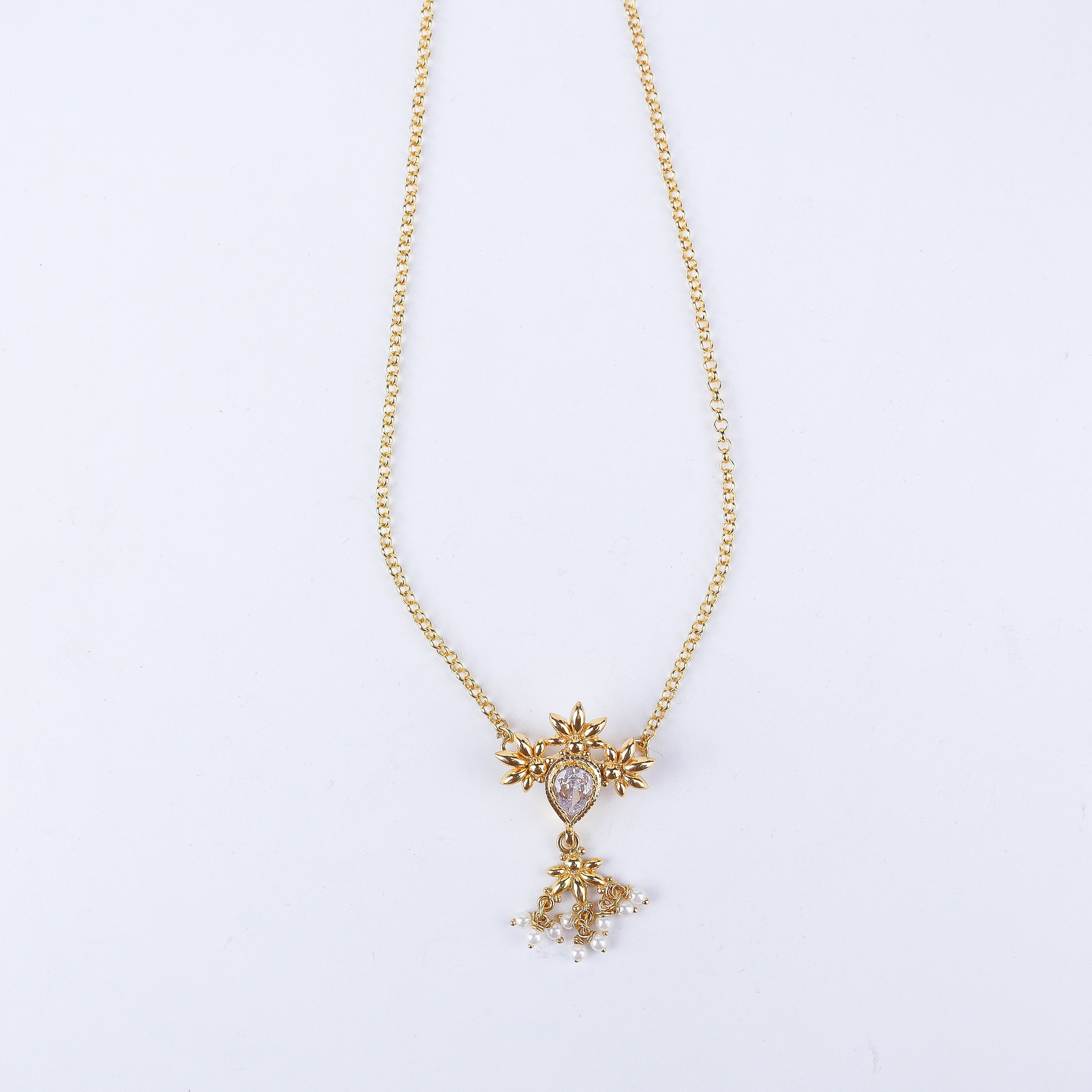 Silver Cz flower tanmani set with pearls | 92.5 Silver | 22K Gold Plated