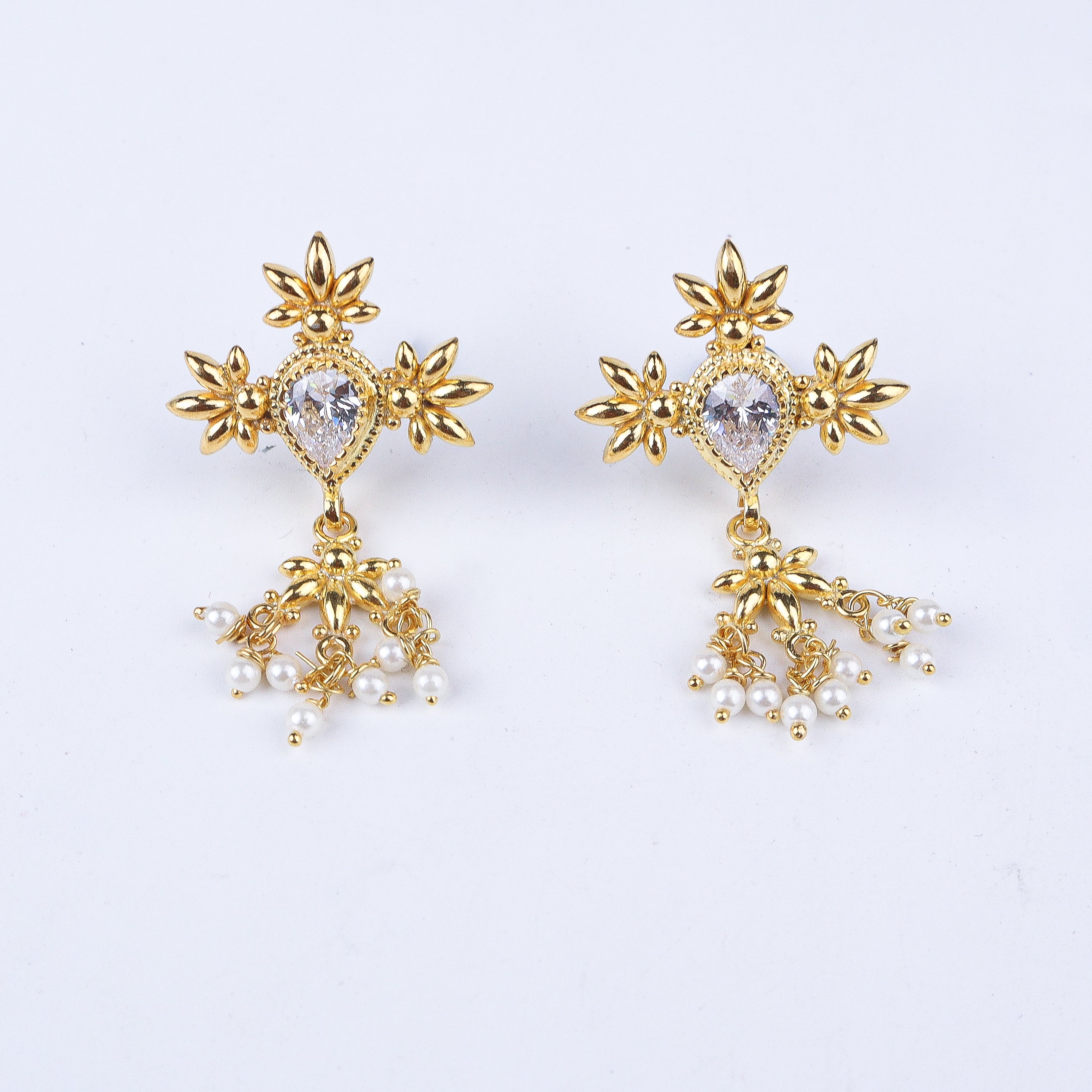 Silver Cz flower tanmani set with pearls (3 Leaf) | 92.5 Silver | 22K Gold Plated