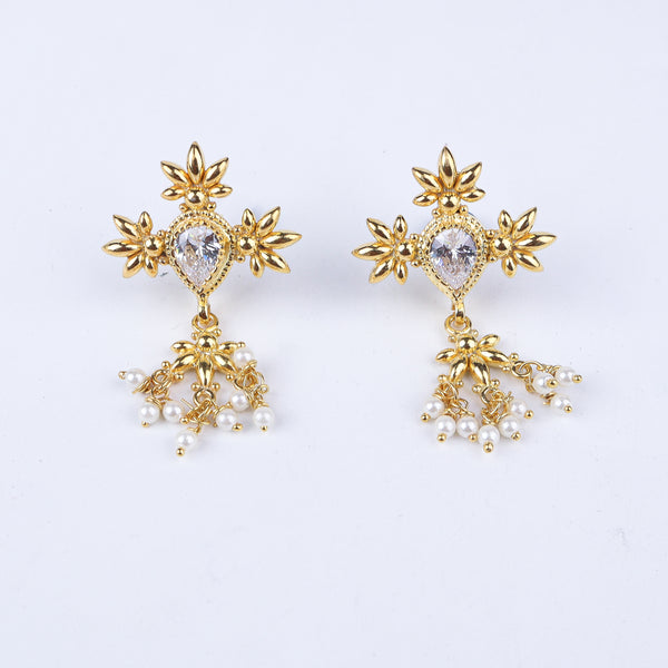 Silver Cz flower tanmani set with pearls (3 Leaf) | 92.5 Silver | 22K Gold Plated