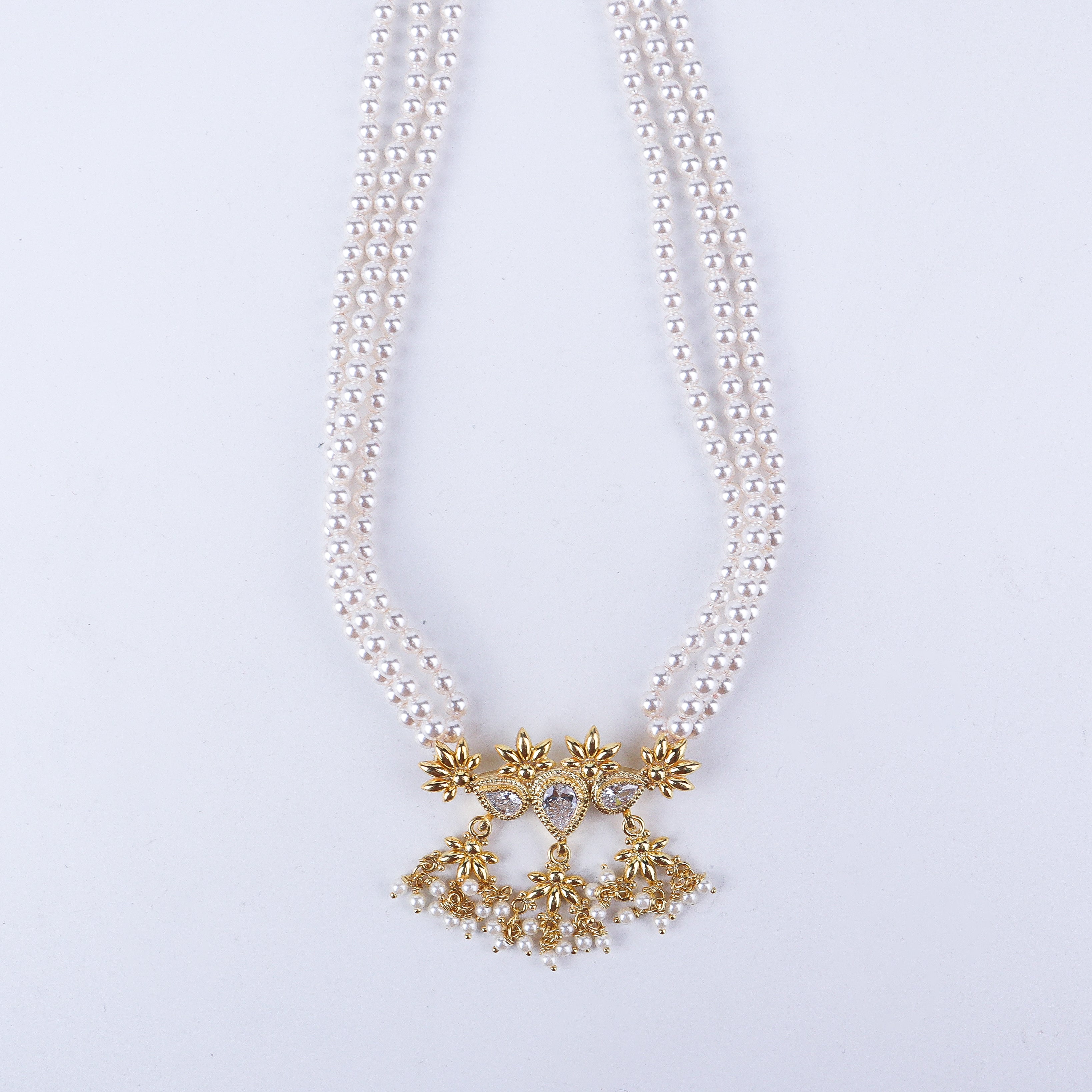 Silver Cz flower tanmani set with pearls (3 Leaf) | 92.5 Silver | 22K Gold Plated