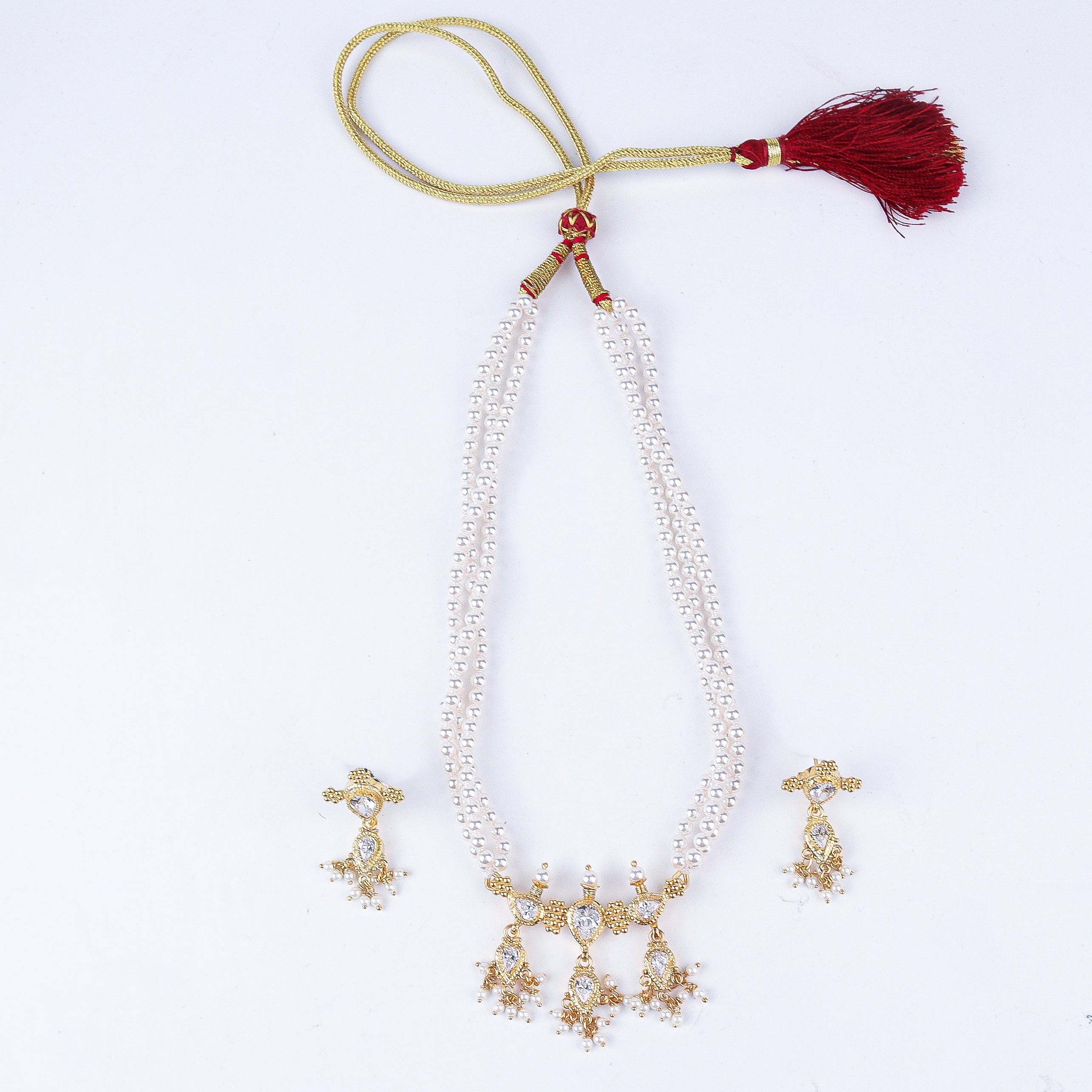 Silver Cz kudi tanmani set with pearls (3 Leaf) | 92.5 Silver | 22K Gold Plated