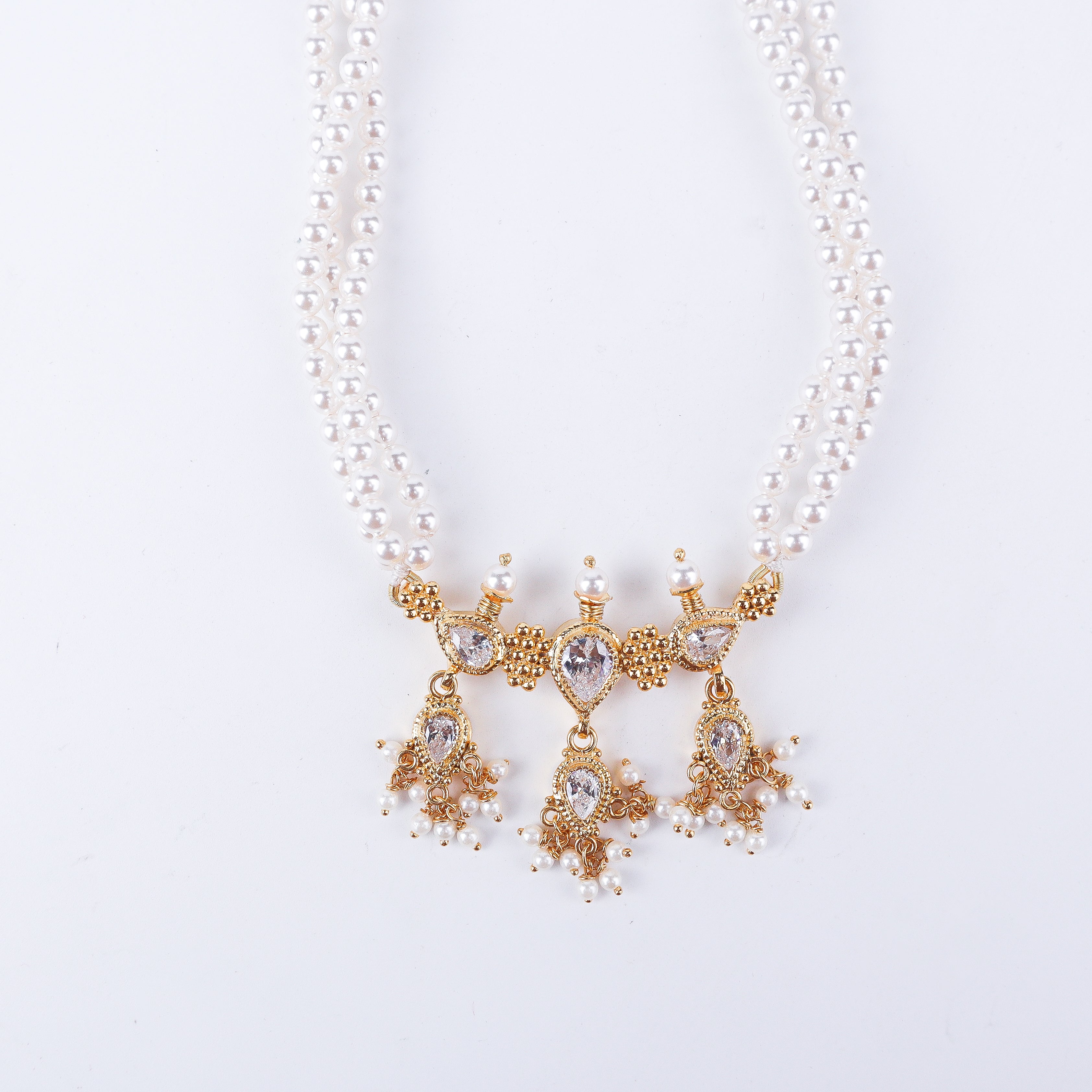 Silver Cz kudi tanmani set with pearls (3 Leaf) | 92.5 Silver | 22K Gold Plated