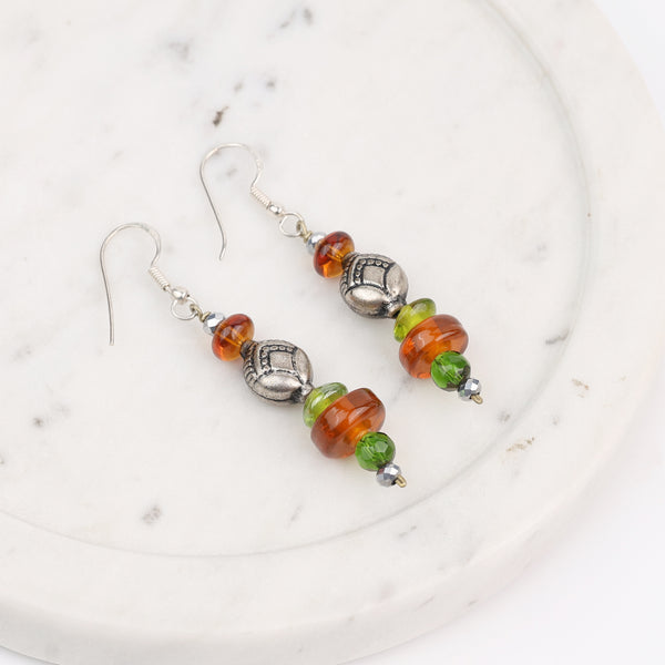 Glass Bead and German Silver Earrings