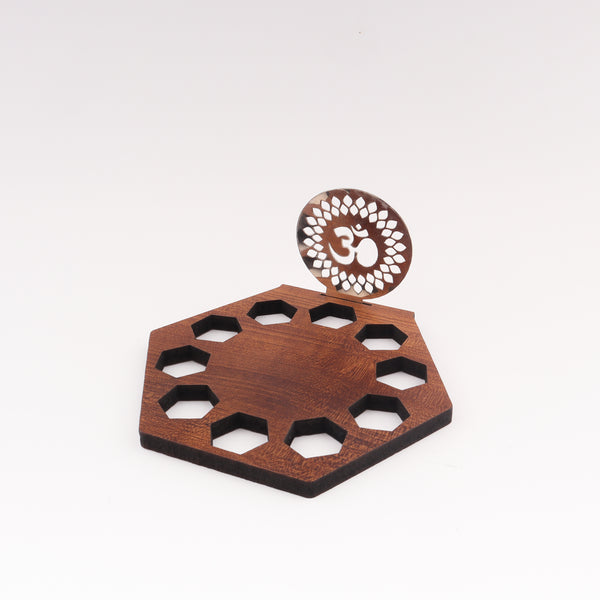Wooden base with metal Om shadow lamp for spiritual decor and religious ceremonies
