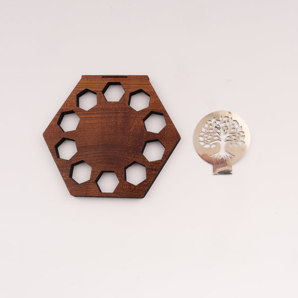 Wooden hexagon diya holder with metal tree of life coaster for home decor