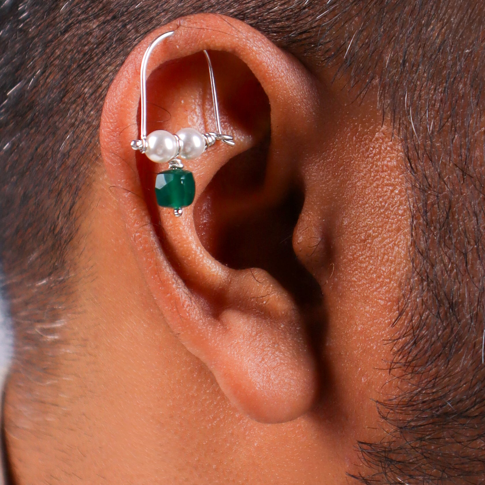 Silver Bhikbali with Square Green Onyx (Pierced)
