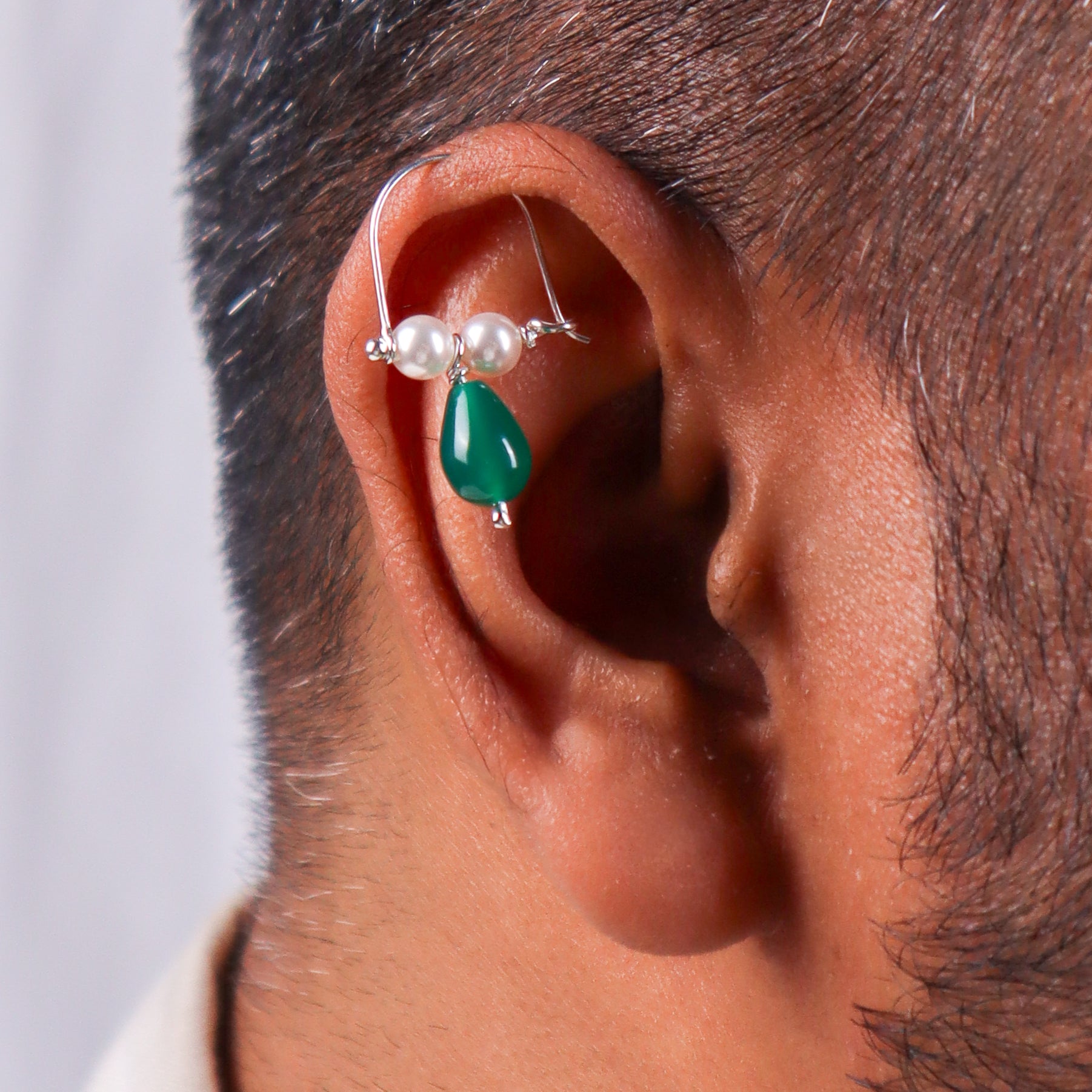 Silver Bhikbali with Drop Green Onyx (Pierced)