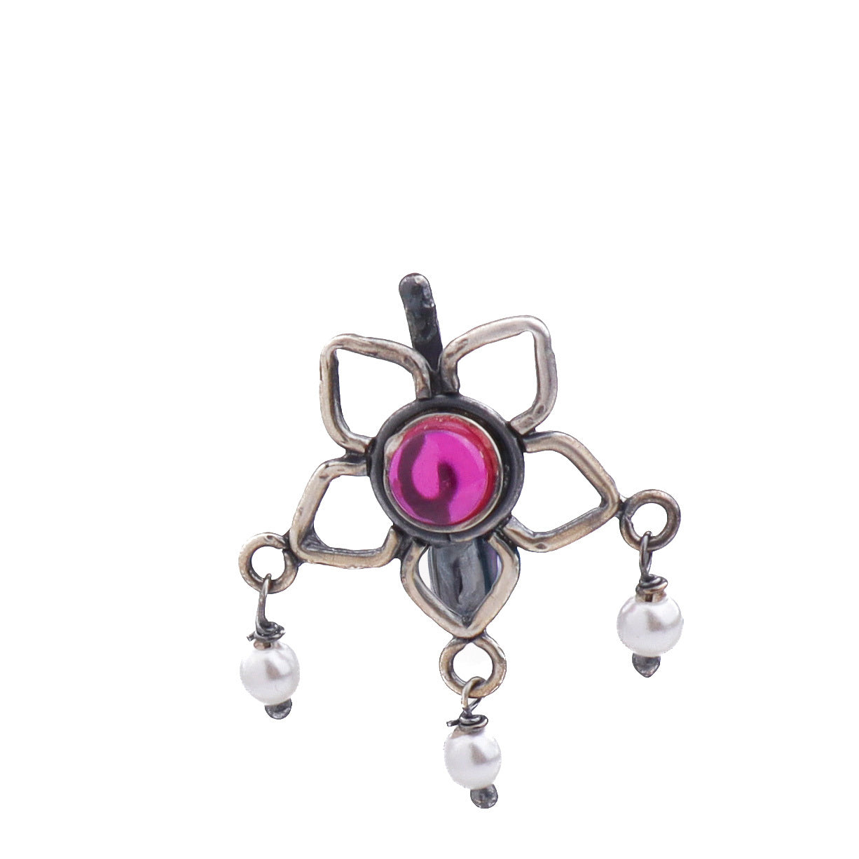 Oxidised Pink Flower Clip-On Nose Pin (Large)