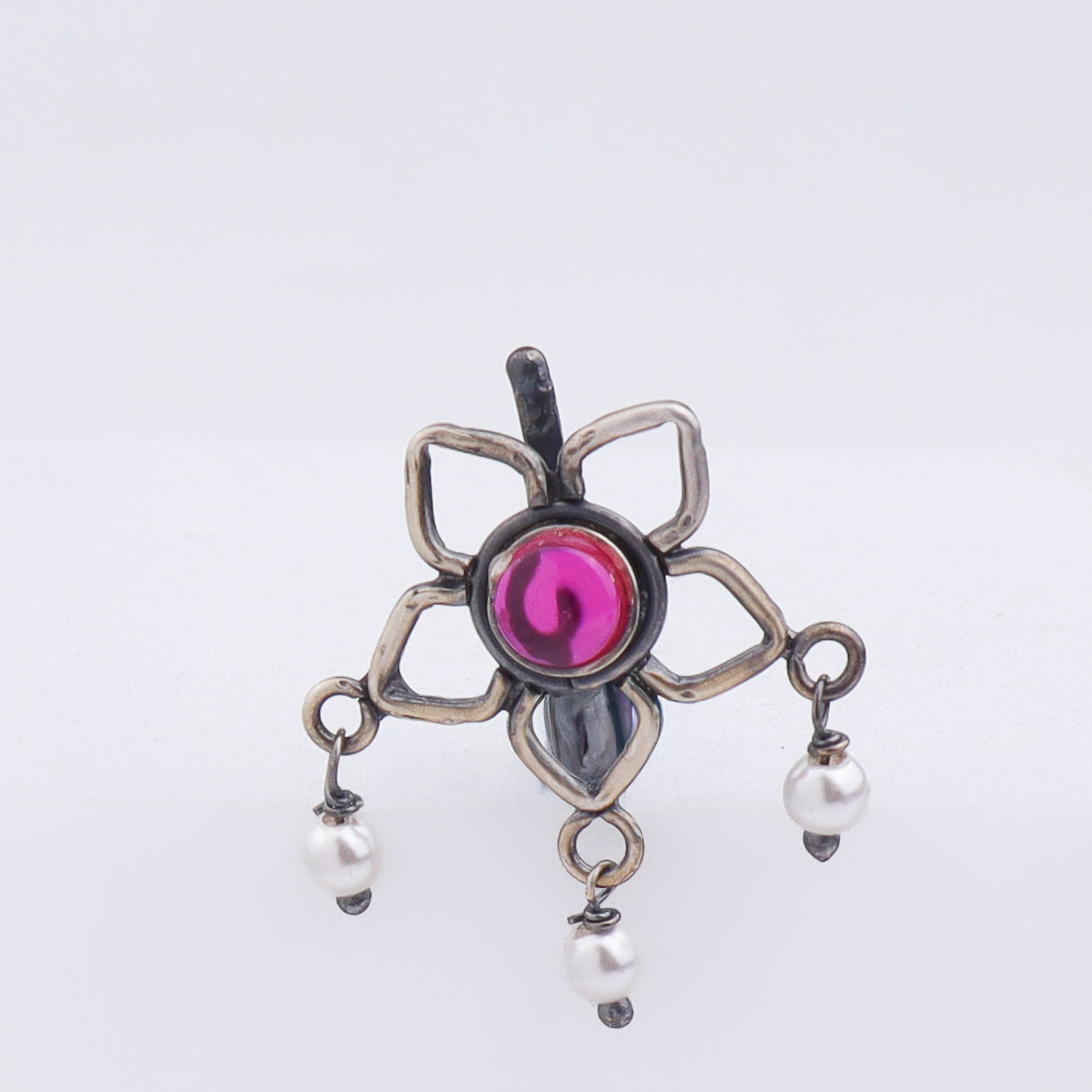 Oxidised Pink Flower Clip-On Nose Pin (Large)