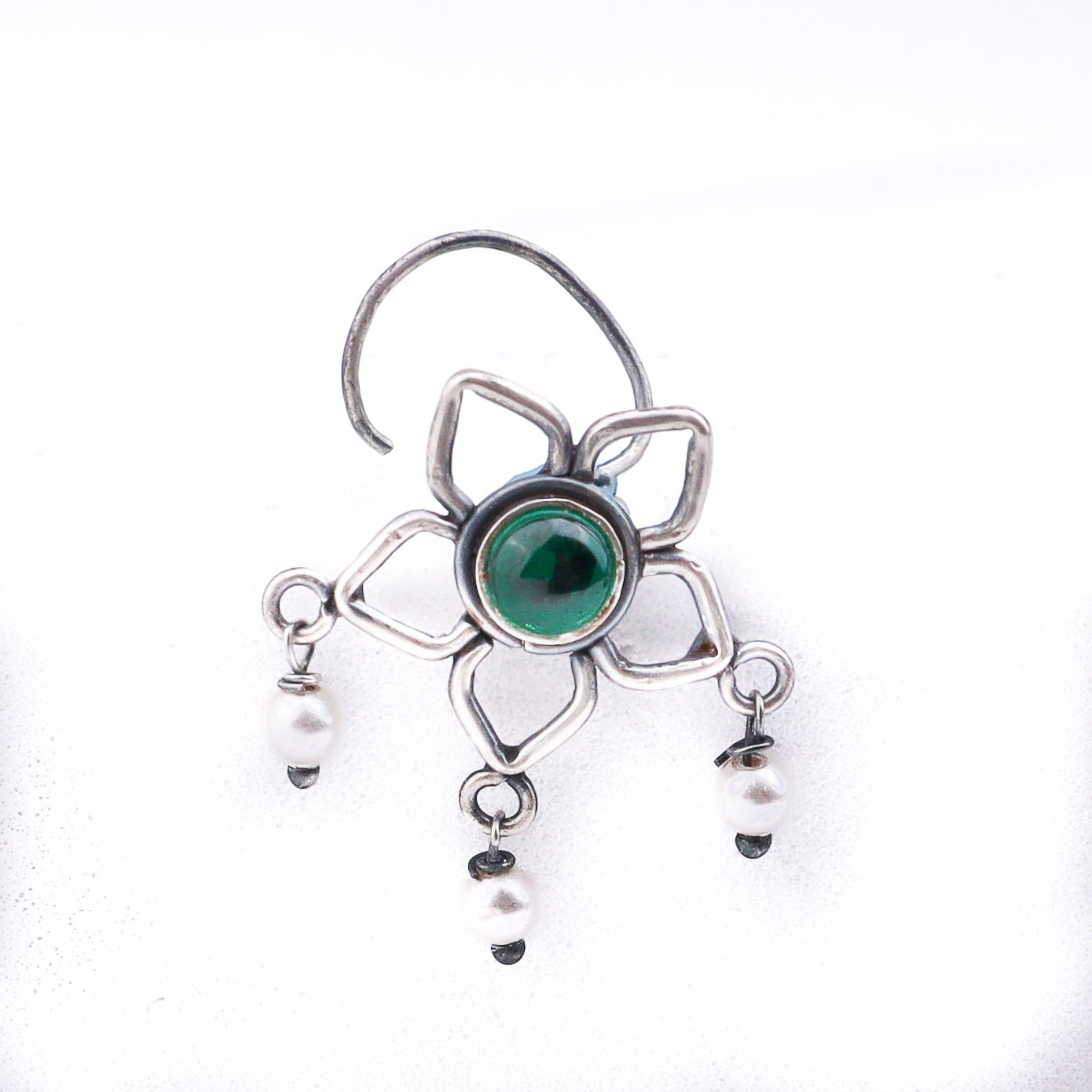 Oxidised Green Flower Pierced Nose Pin (Large)