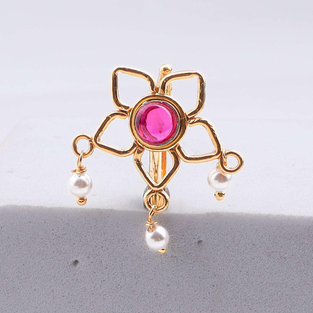 Pink Flower Clip-On Nose Pin | 22K Gold-Plated (Large)
