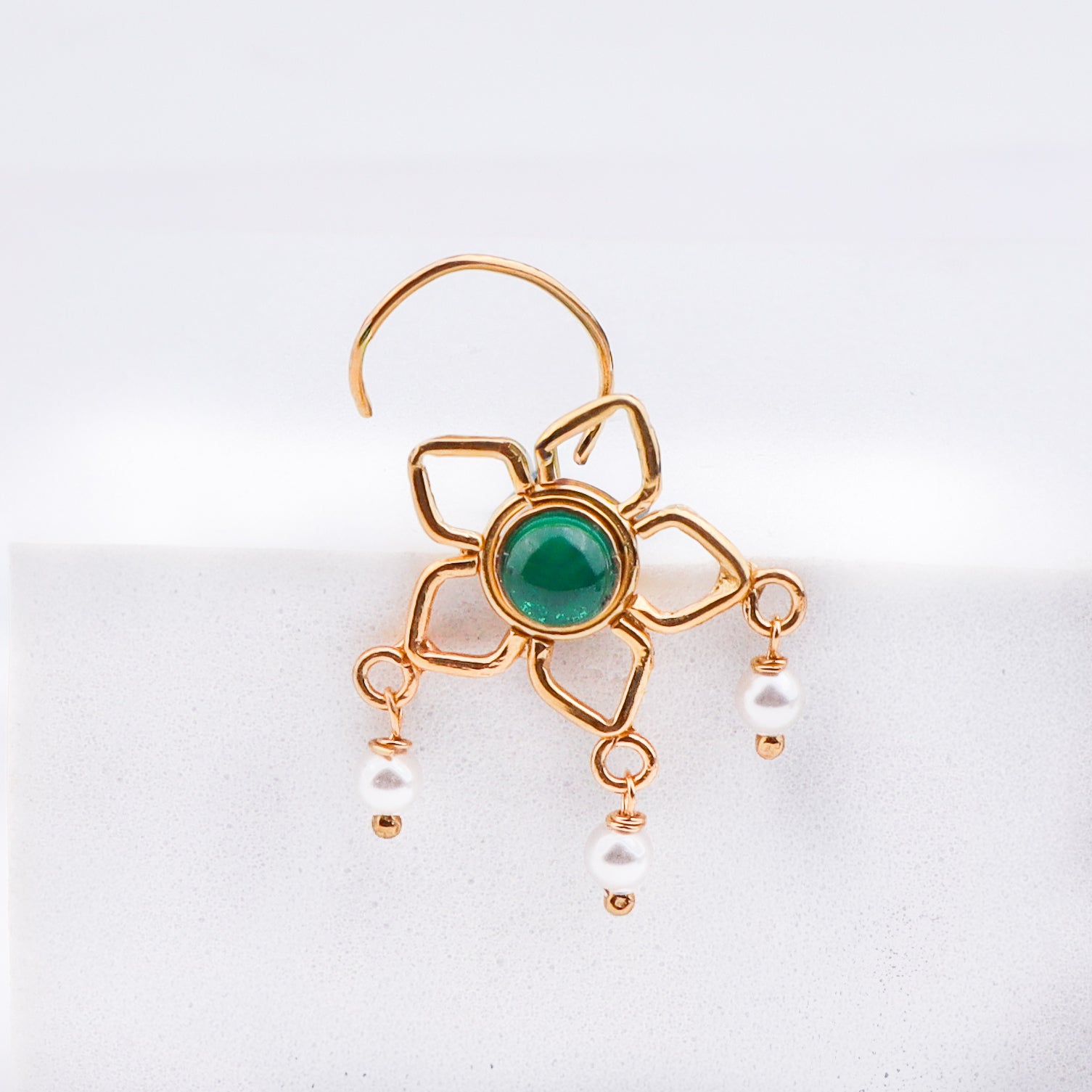 Green Flower Pierced Nose Pin | 22K Gold-Plated (Large)