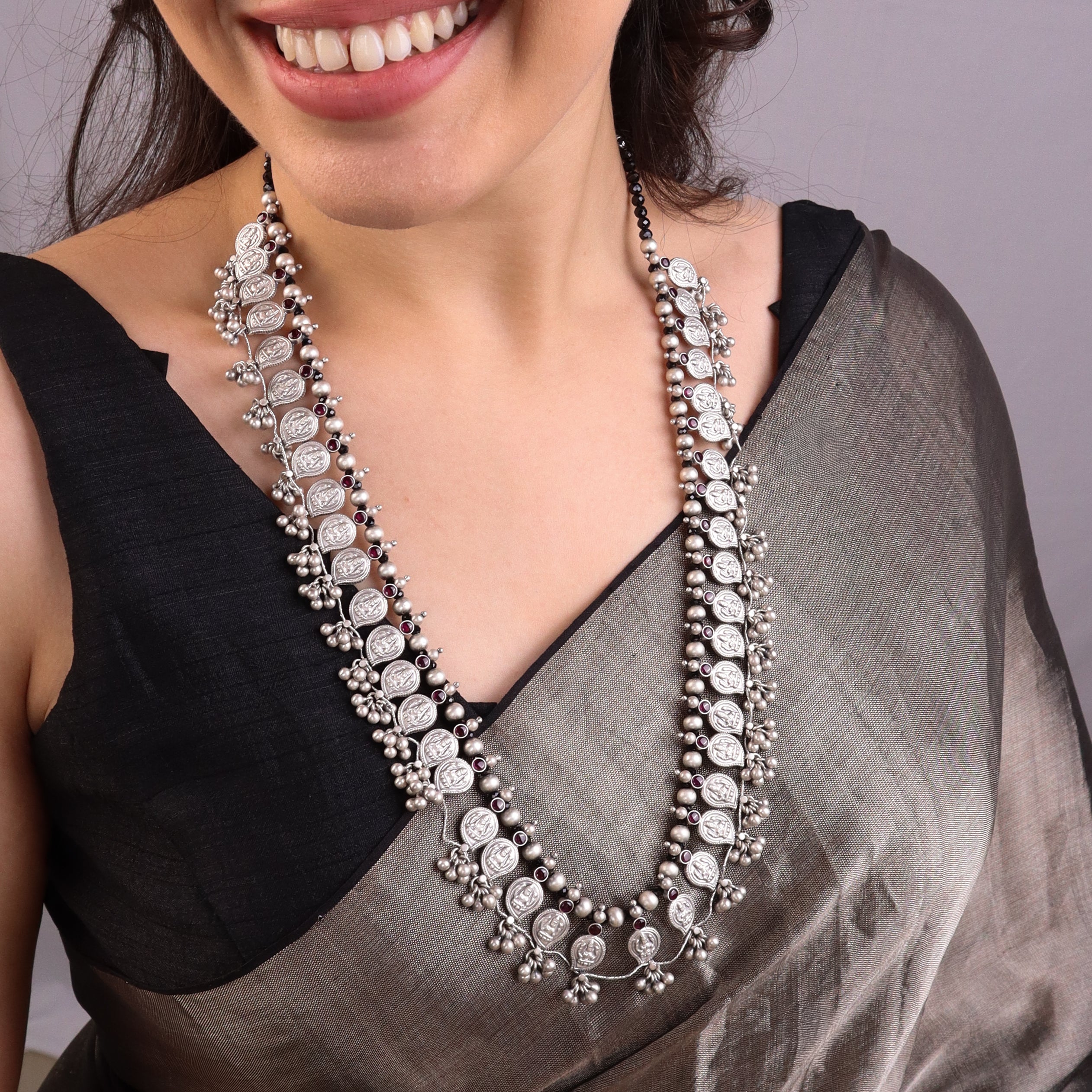 Silver Oxidized Mango Saaj with Black Spinels