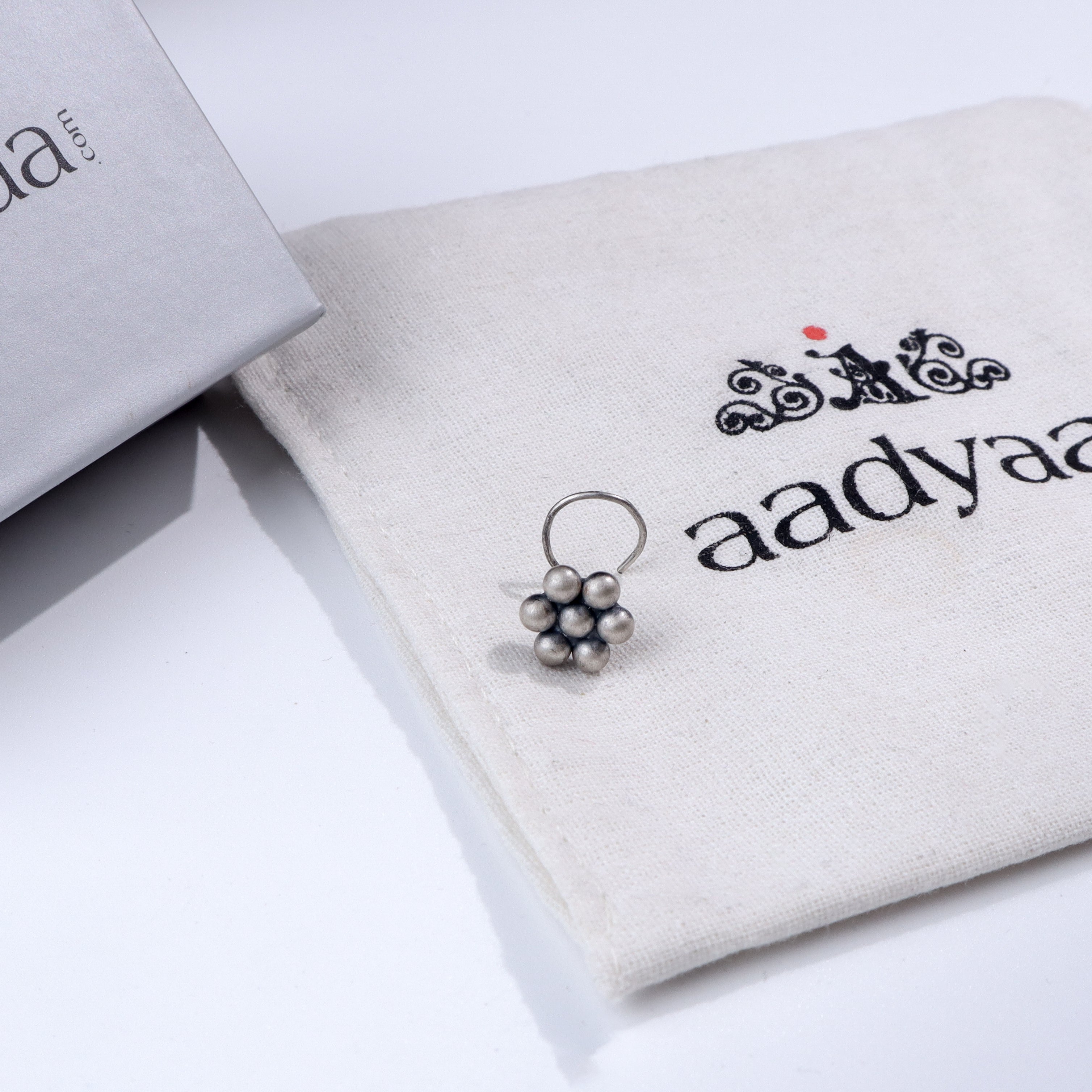 Silver Kudi Nosepin Oxidized jewelry on Aadyaa cloth