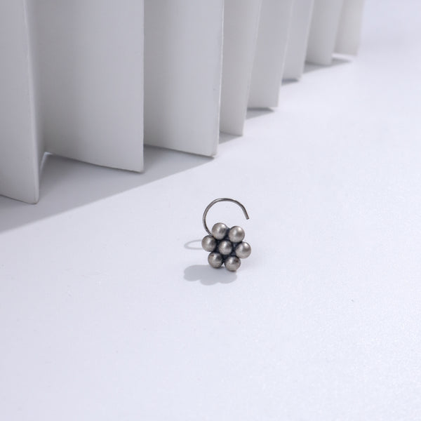 Sterling silver nosepin with oxidized finish, floral design, traditional jewelry