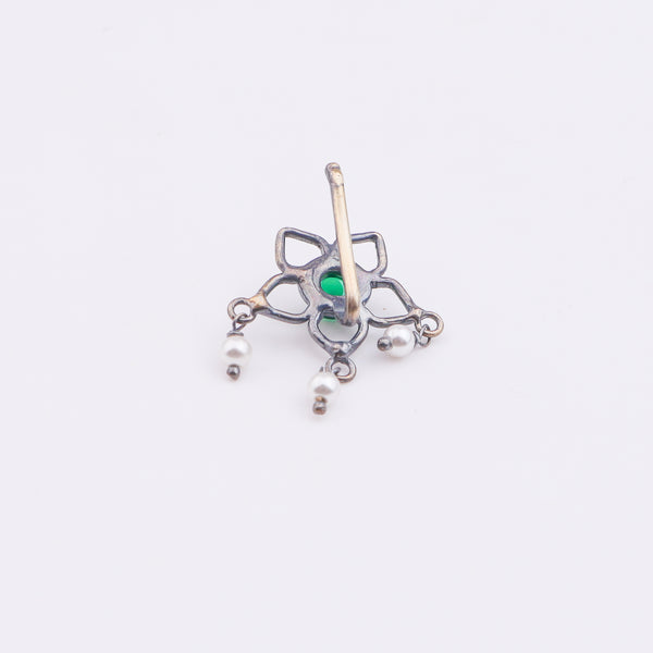 Oxidised Green Flower Clip-On Nose Pin (Large)