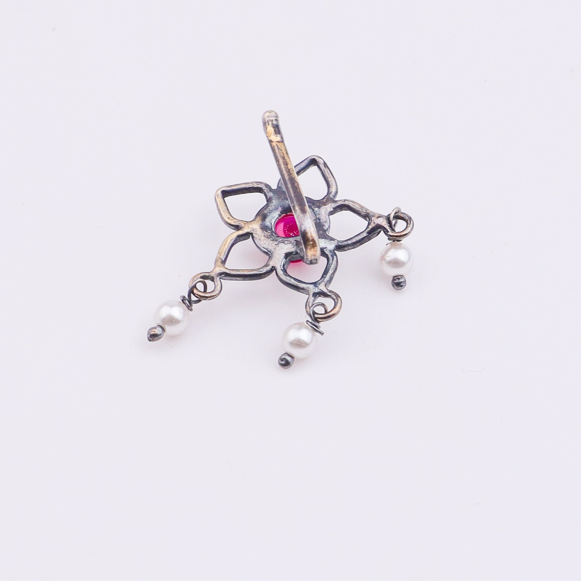 Oxidised Pink Flower Clip-On Nose Pin (Large)