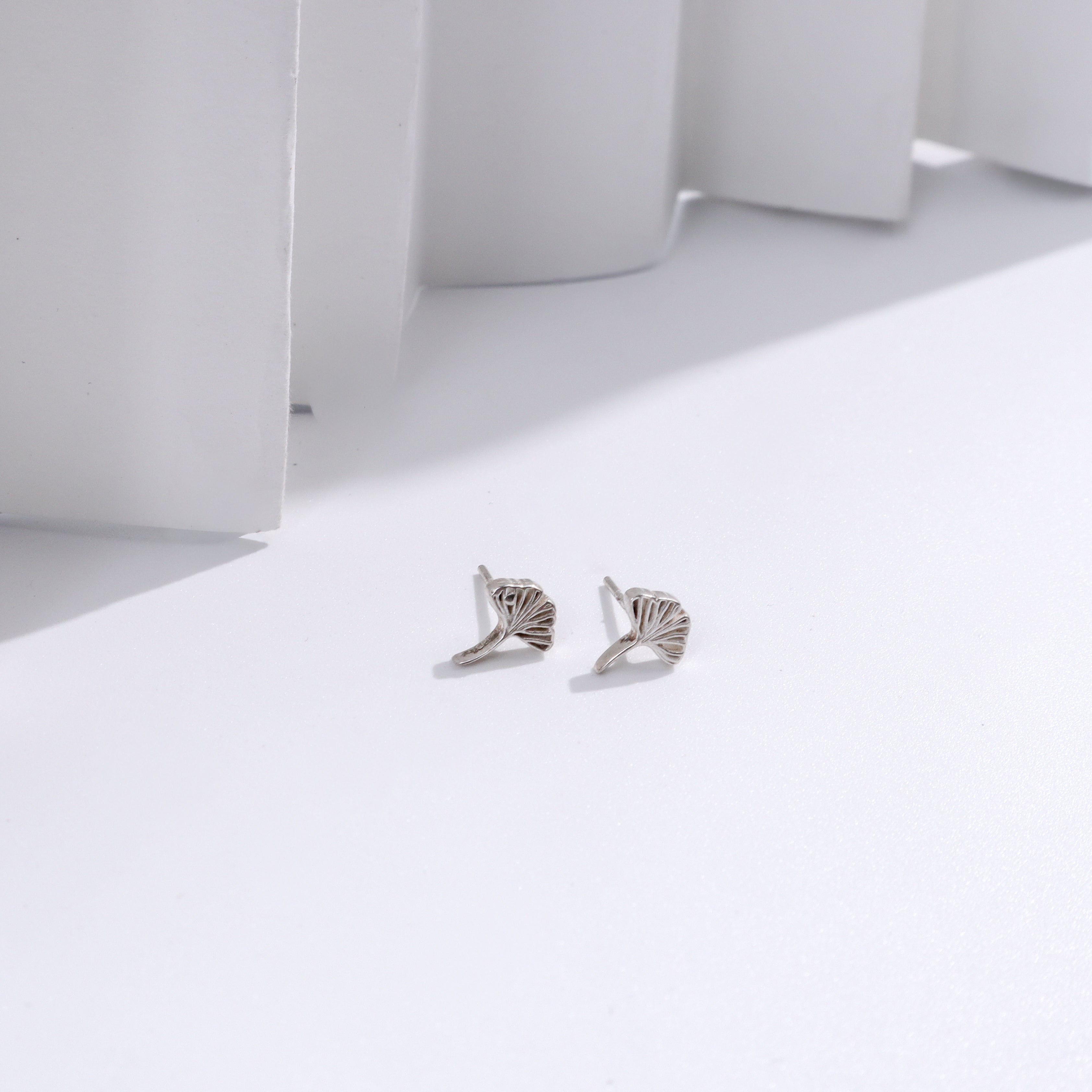 Silver Ginkgo Leaf Stud earrings in minimal design