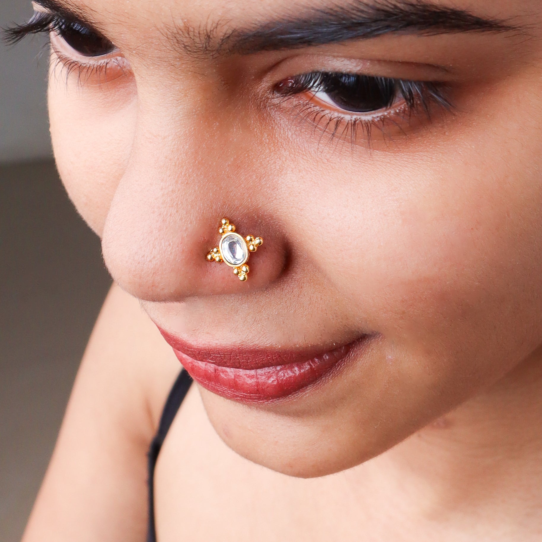 Gold Plated Kundan Nose Pin Pierced