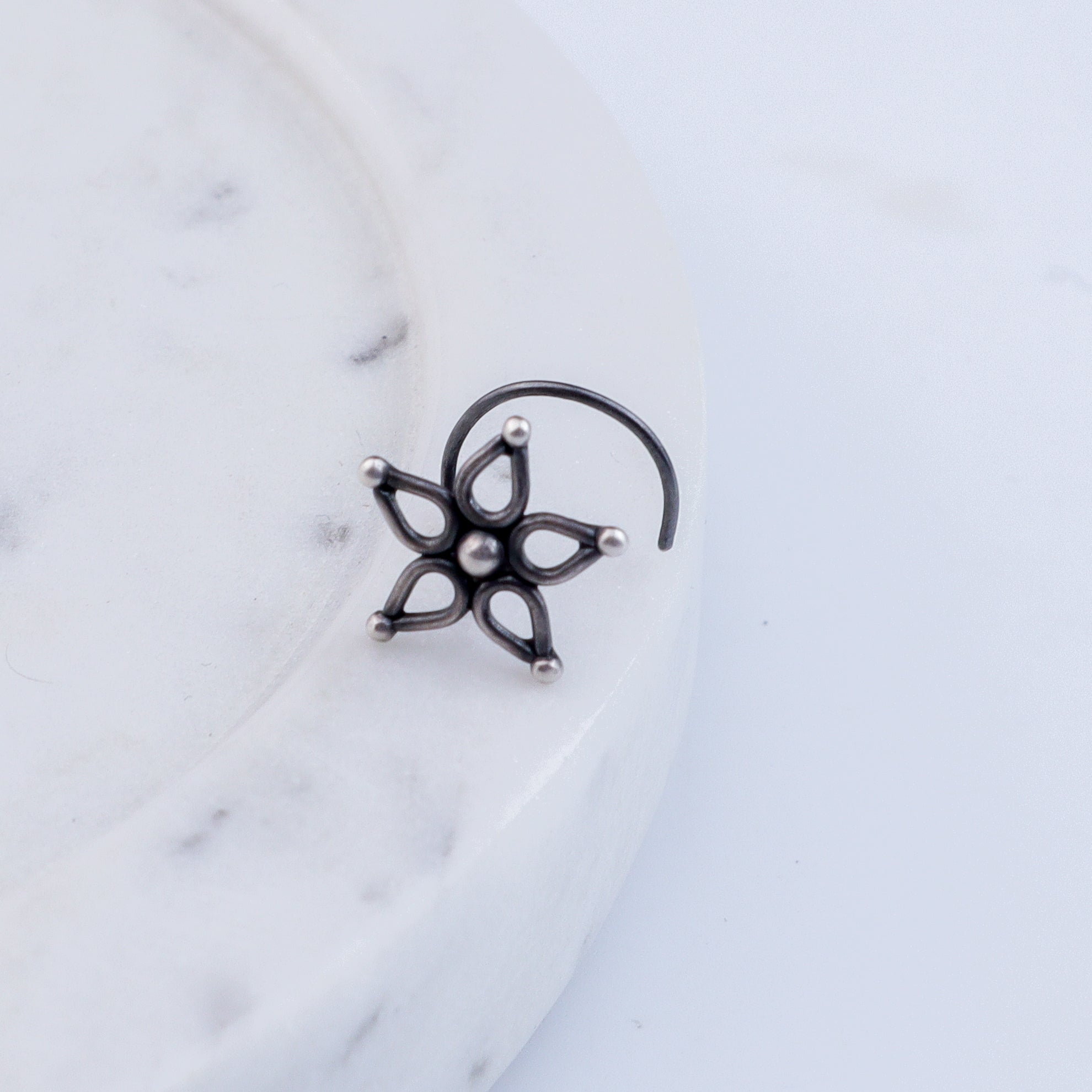 Handmade Silver Flower Nosepin (Pierced) - 5 Petals