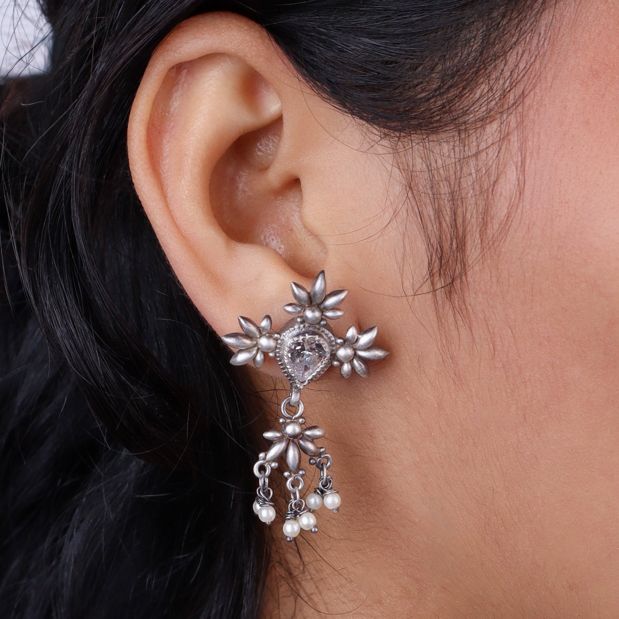 Silver CZ Flower Tanmani Set with Pearls (5 Leaf)