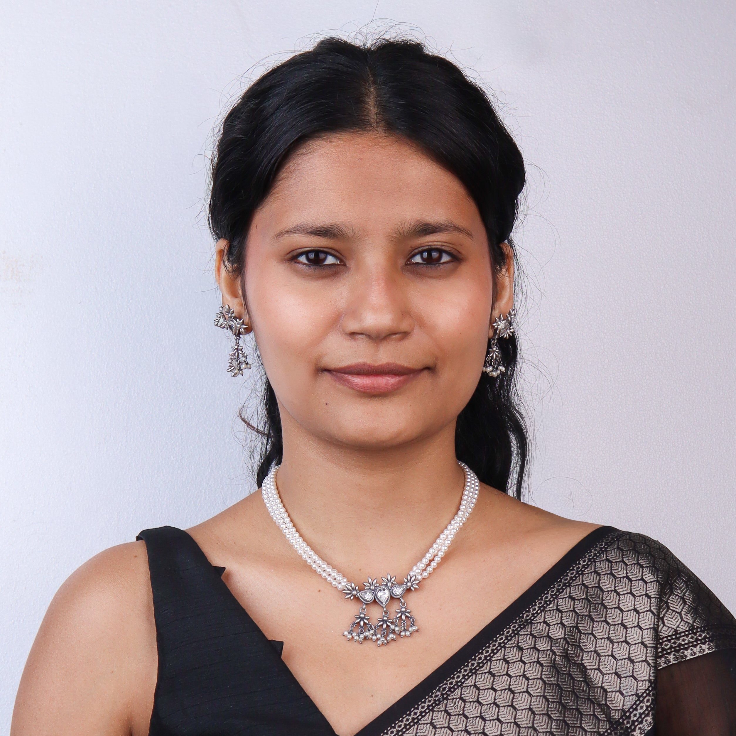 Silver CZ Flower Tanmani Set with Pearls (3 Leaf)