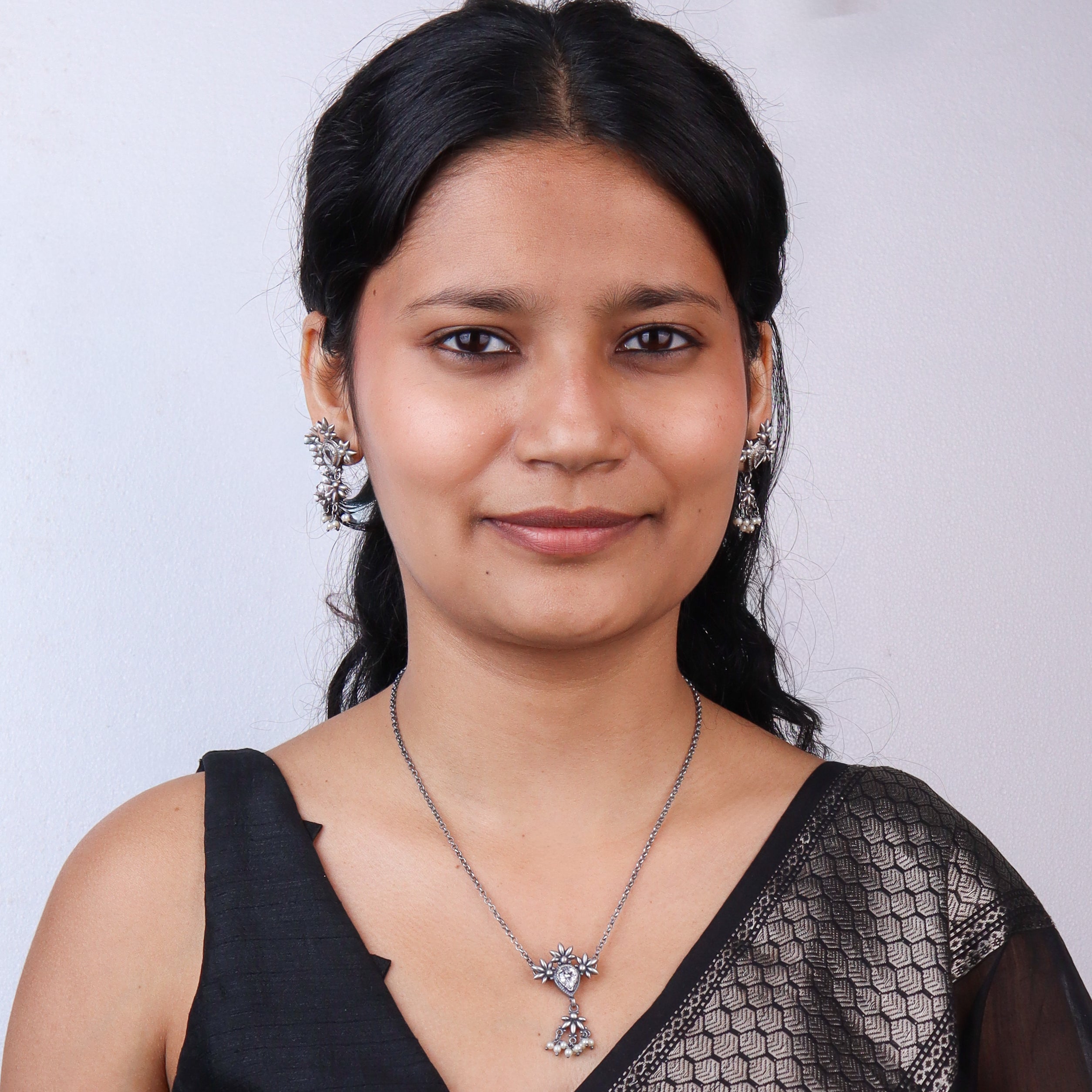 Silver CZ Flower Tanmani Set with Pearls