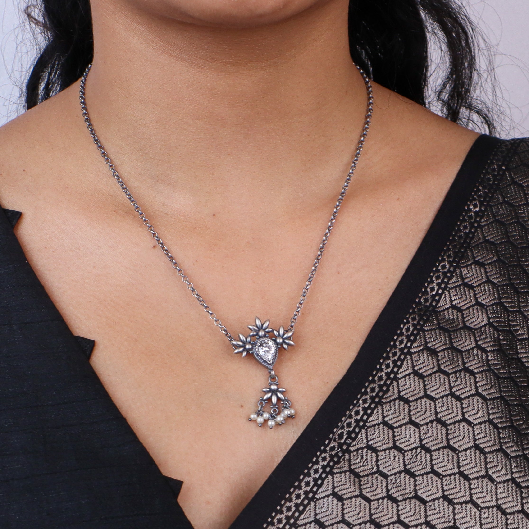 Silver CZ Flower Tanmani Set with Pearls