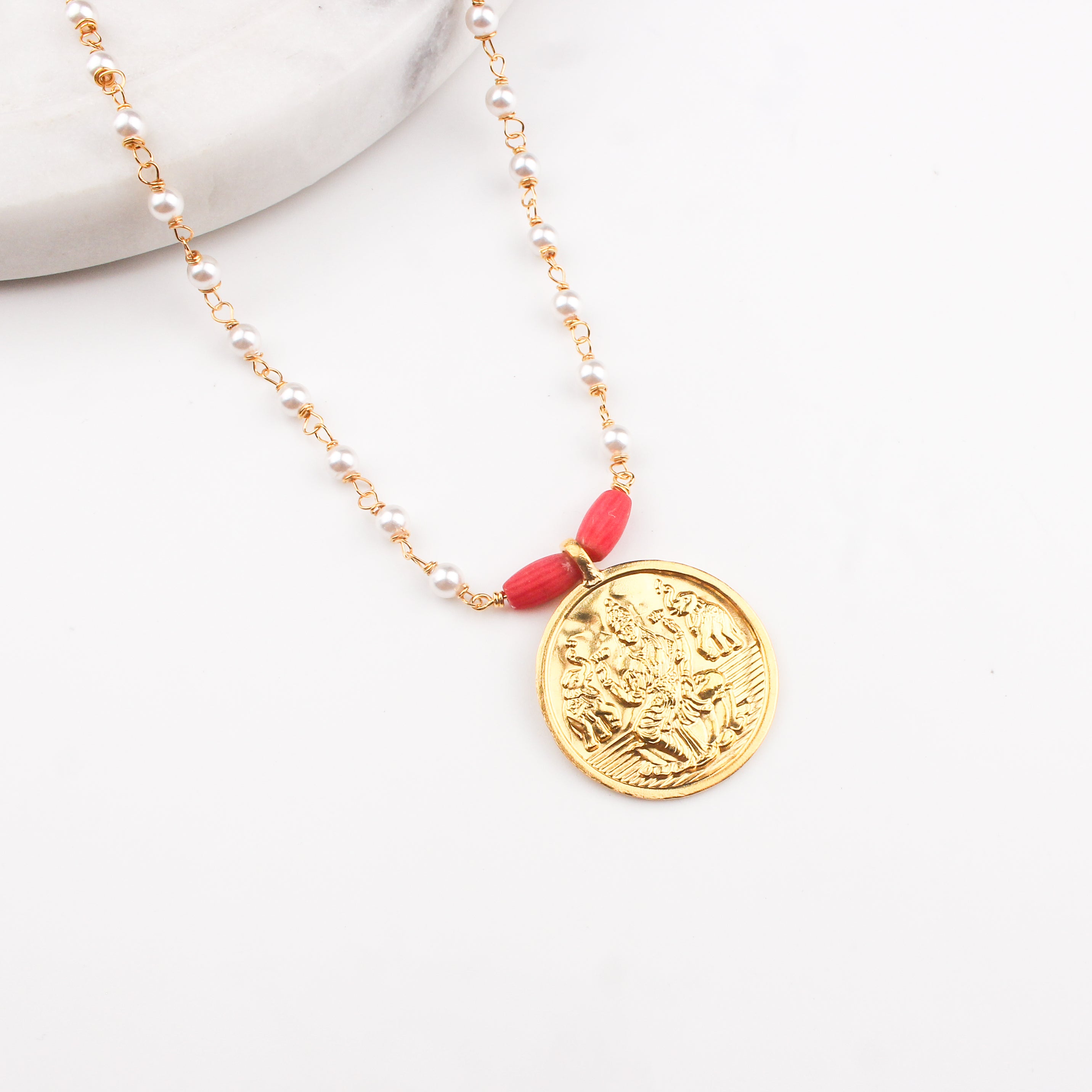 Silver Coin Necklace Gold Plated with Pearls