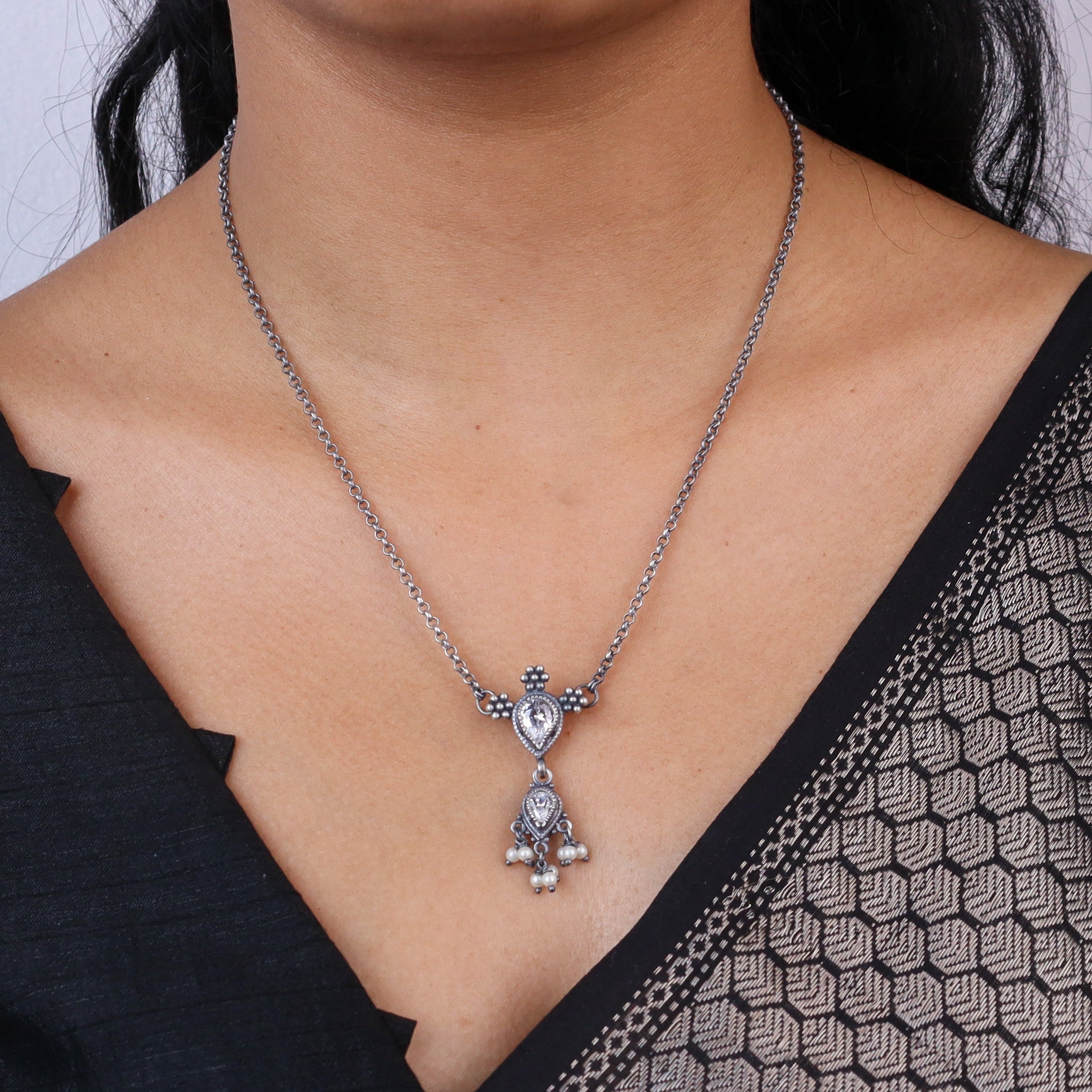 Silver CZ Kudi Tanmani Set with Pearls