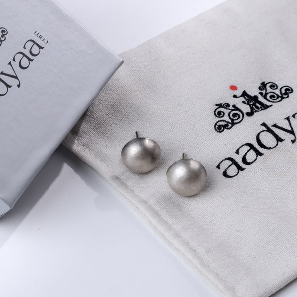 Small Dome Silver Earrings on Aadyaa jewelry pouch