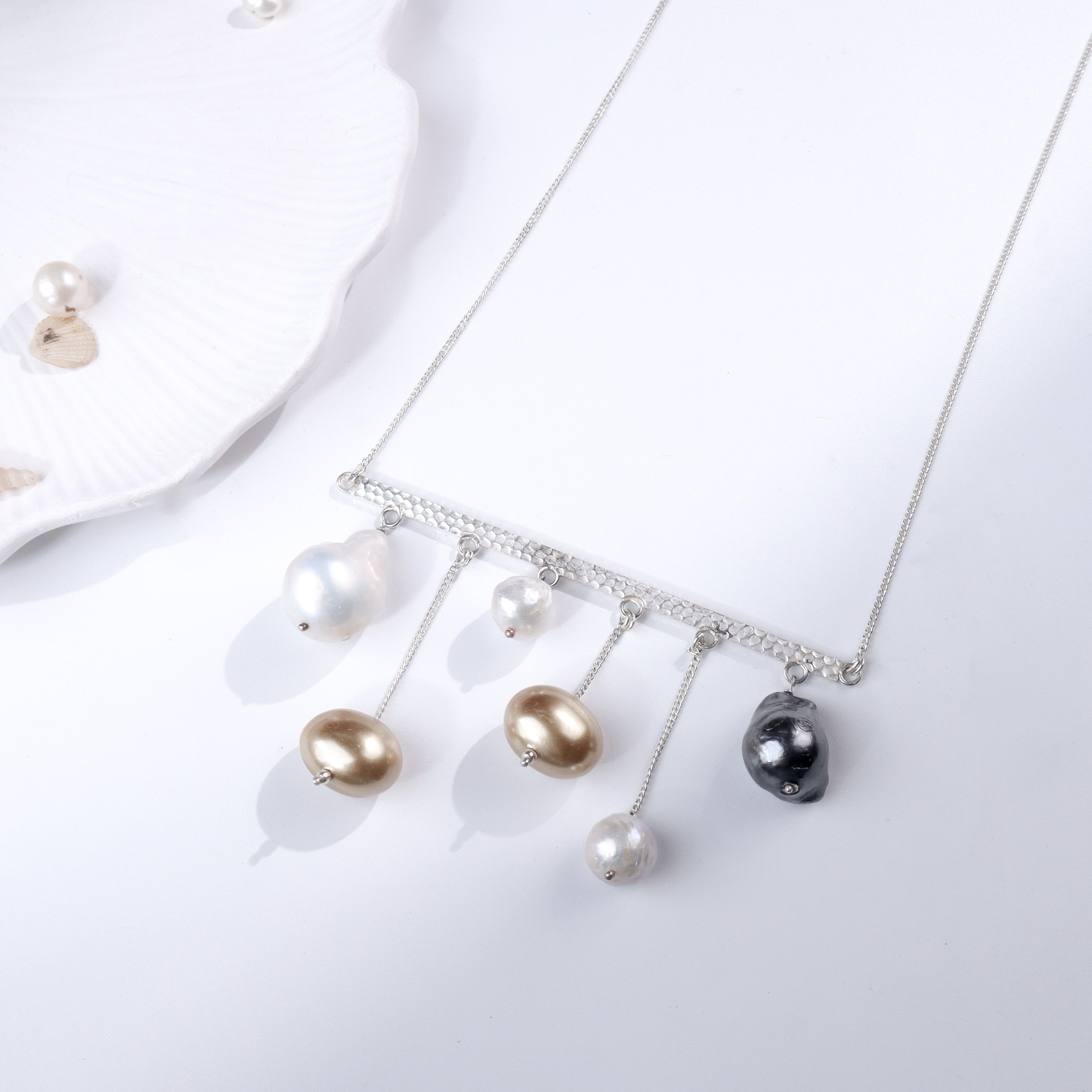 Abstract Silver Necklace : Pearls