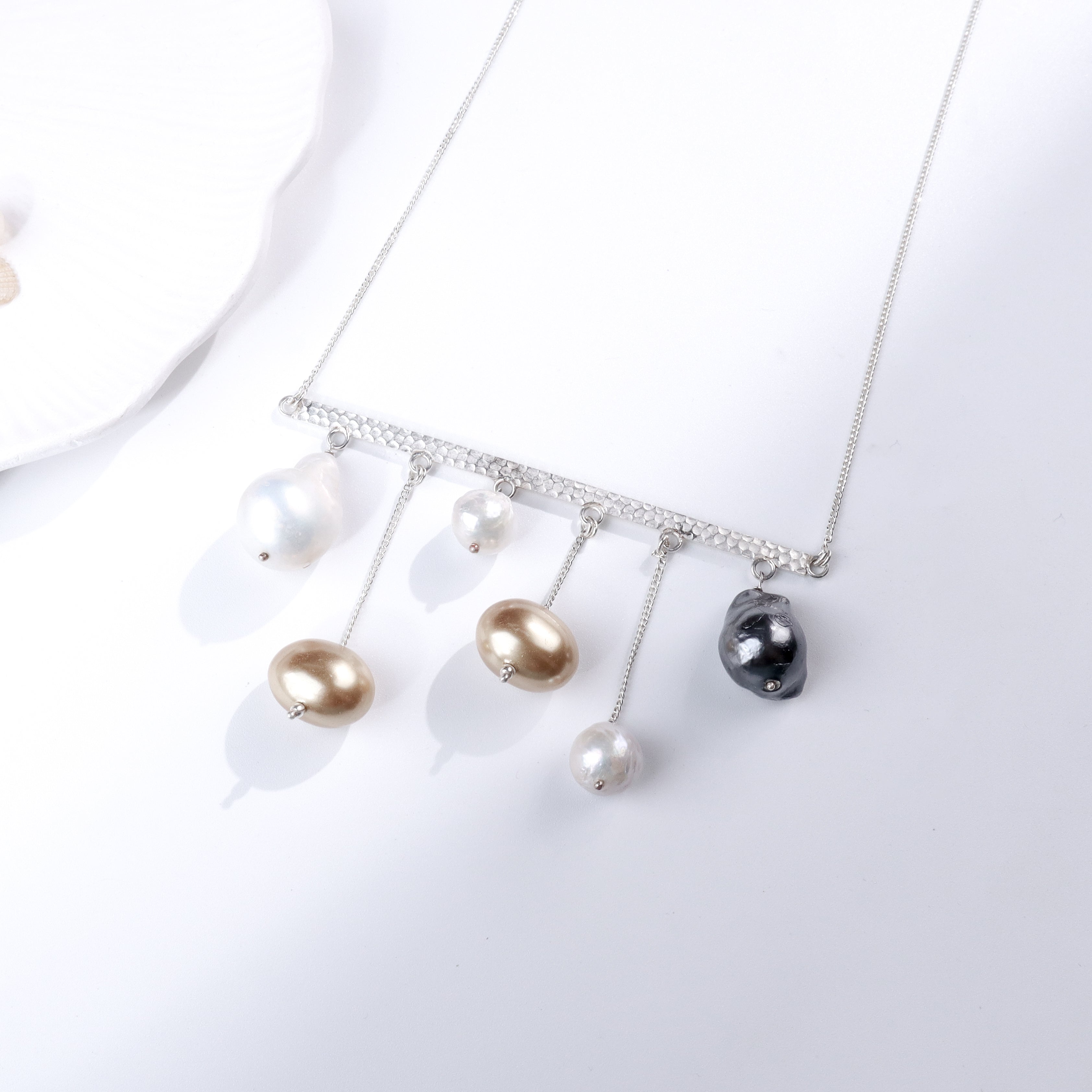 Abstract Silver Necklace : Pearls