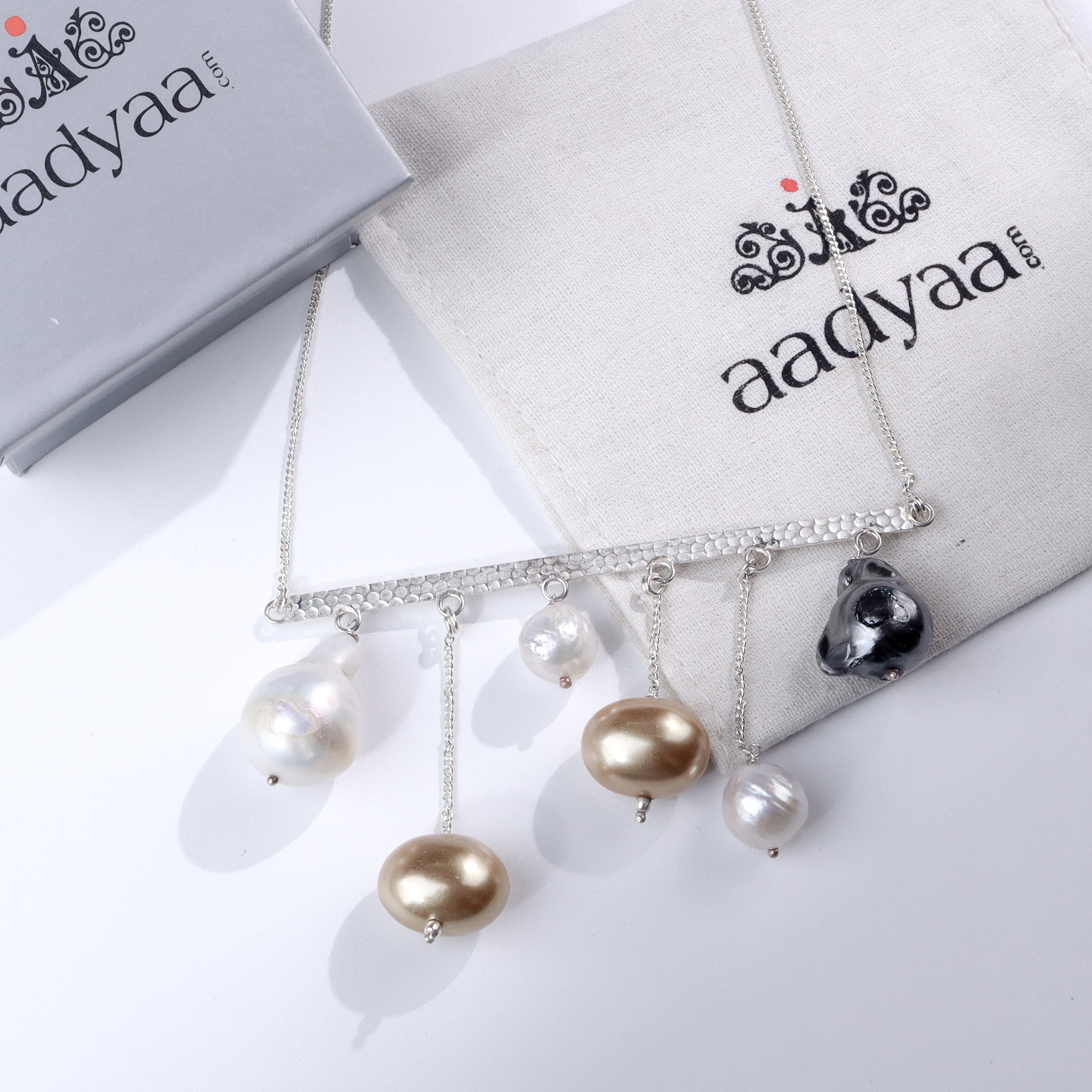 Abstract Silver Necklace : Pearls