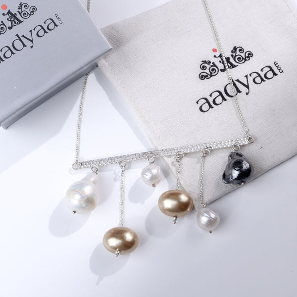 Abstract silver necklace with pearls and a bear head pendant, sterling silver jewelry for women