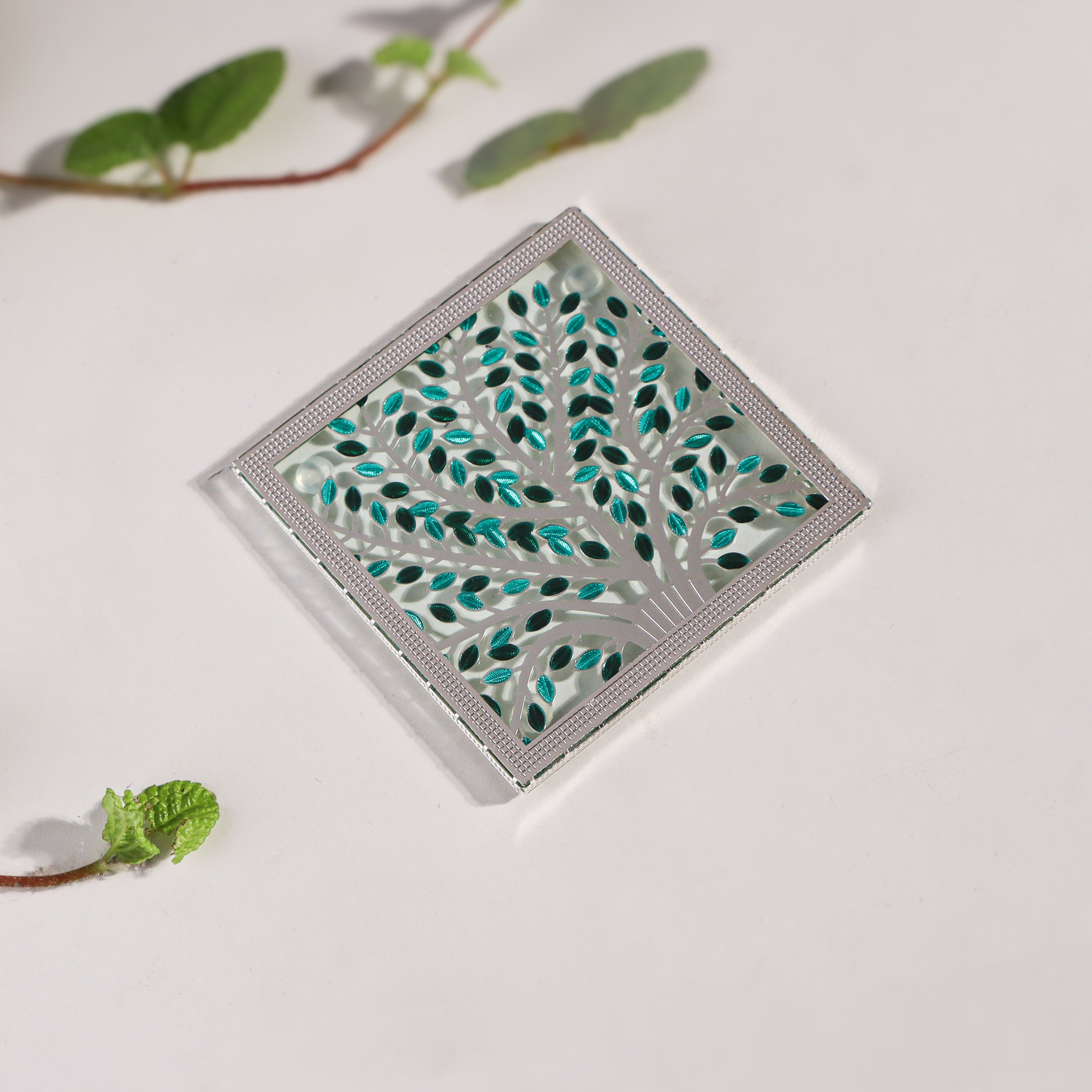 Silver Plated Coaster – Tree of Life (Blue & Green Enamel)
