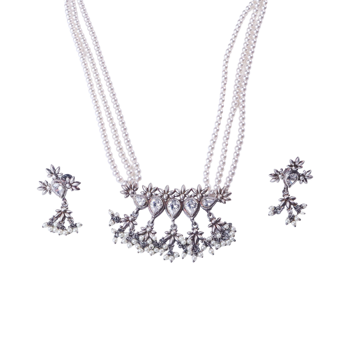 Silver Flower CZ Tanmani Set - Pearls & 5 Leaf | Classic Jewelry