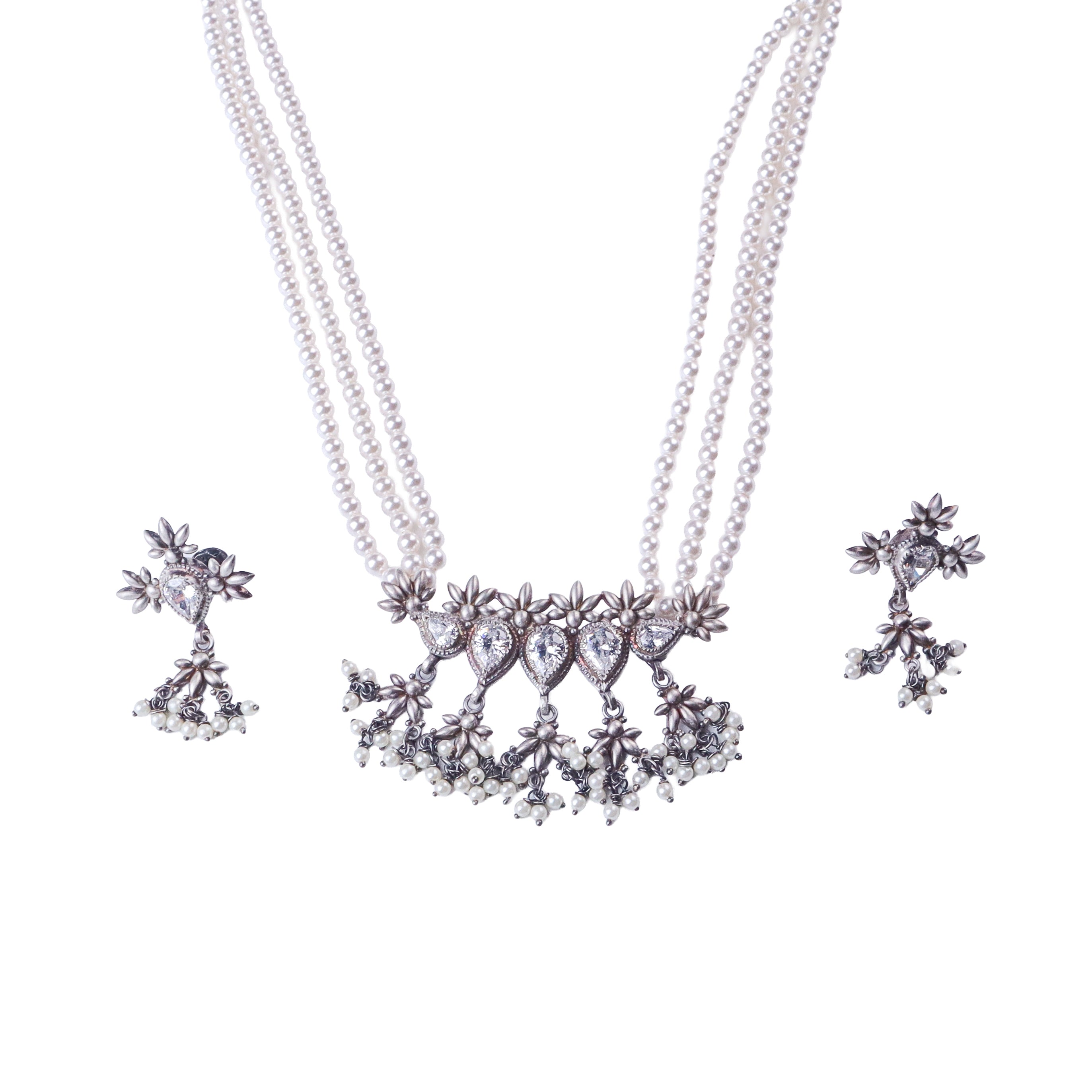 Silver CZ Flower Tanmani Set with Pearls (5 Leaf)