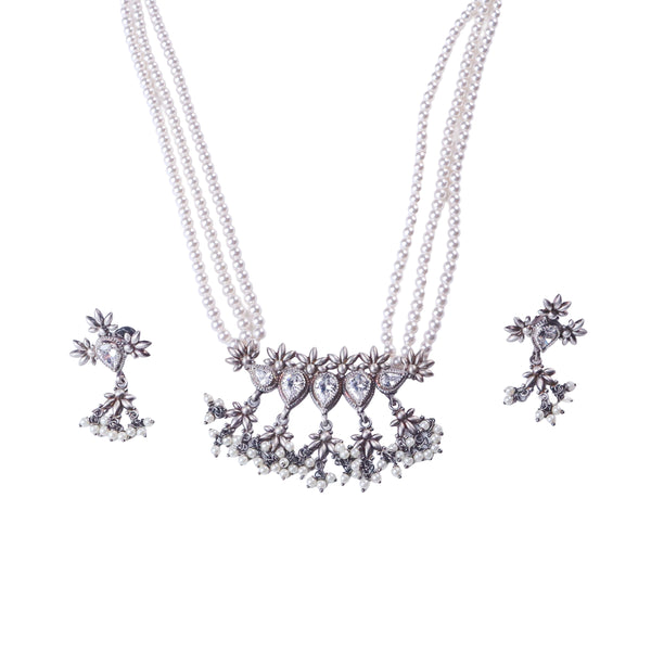 Silver CZ Flower Tanmani Set with Pearls (5 Leaf)