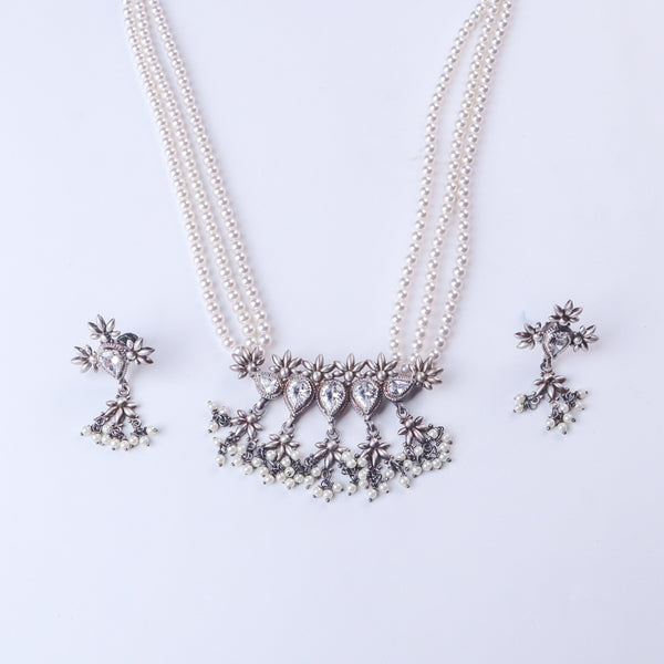Silver CZ Flower Tanmani Set with Pearls (5 Leaf)