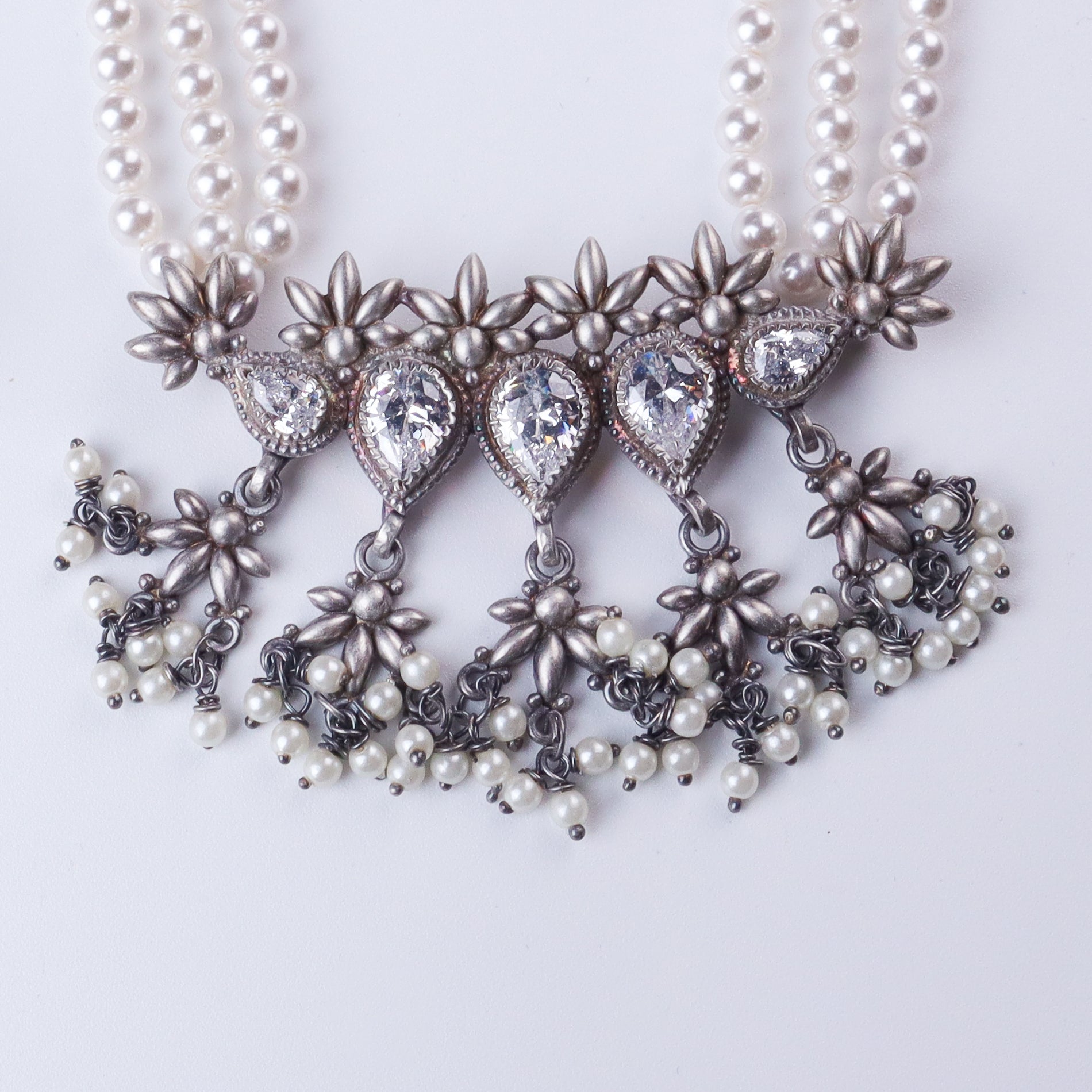 Silver CZ Flower Tanmani Set with Pearls (5 Leaf)