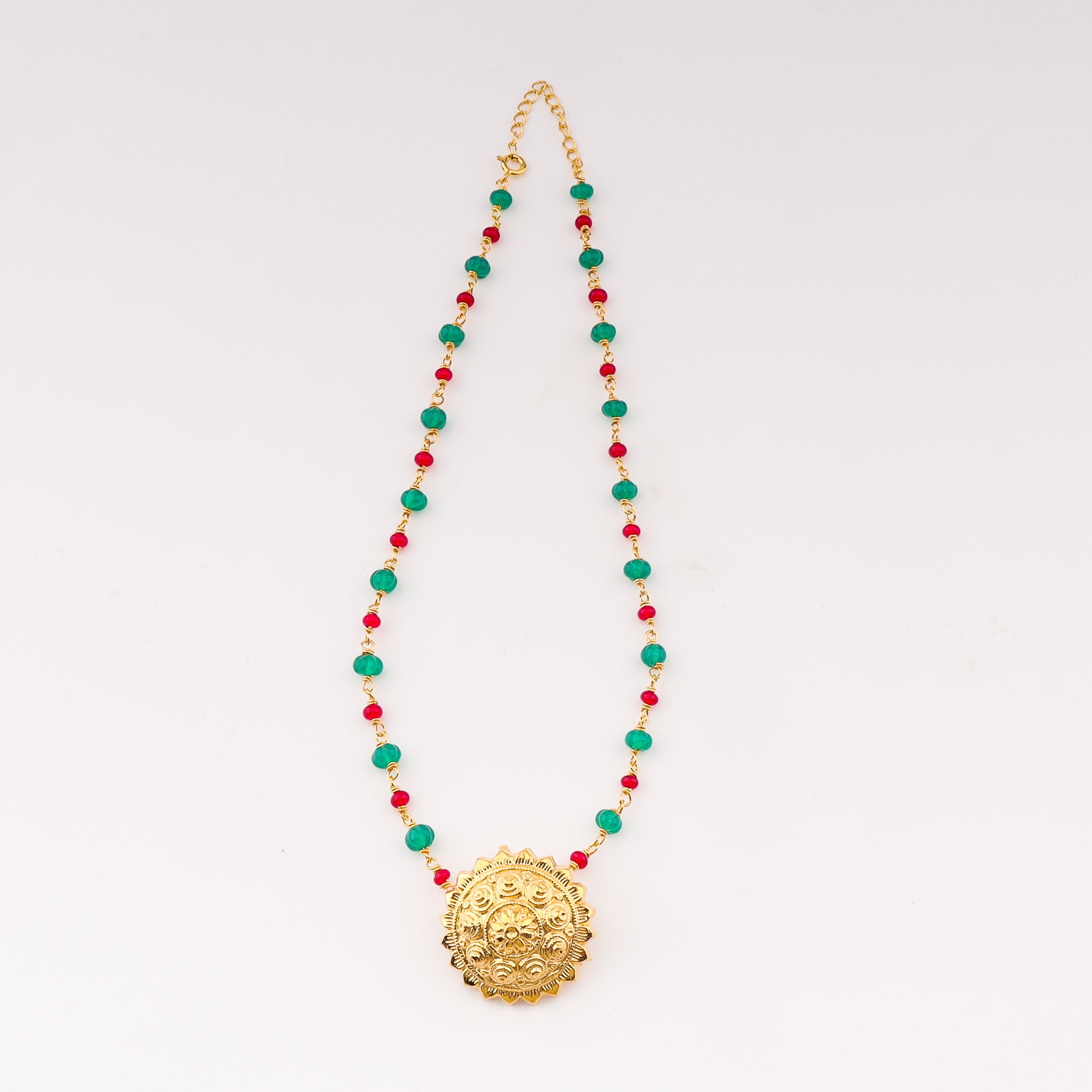 Gold Plated Pendant necklace with Ruby and Green Onyx