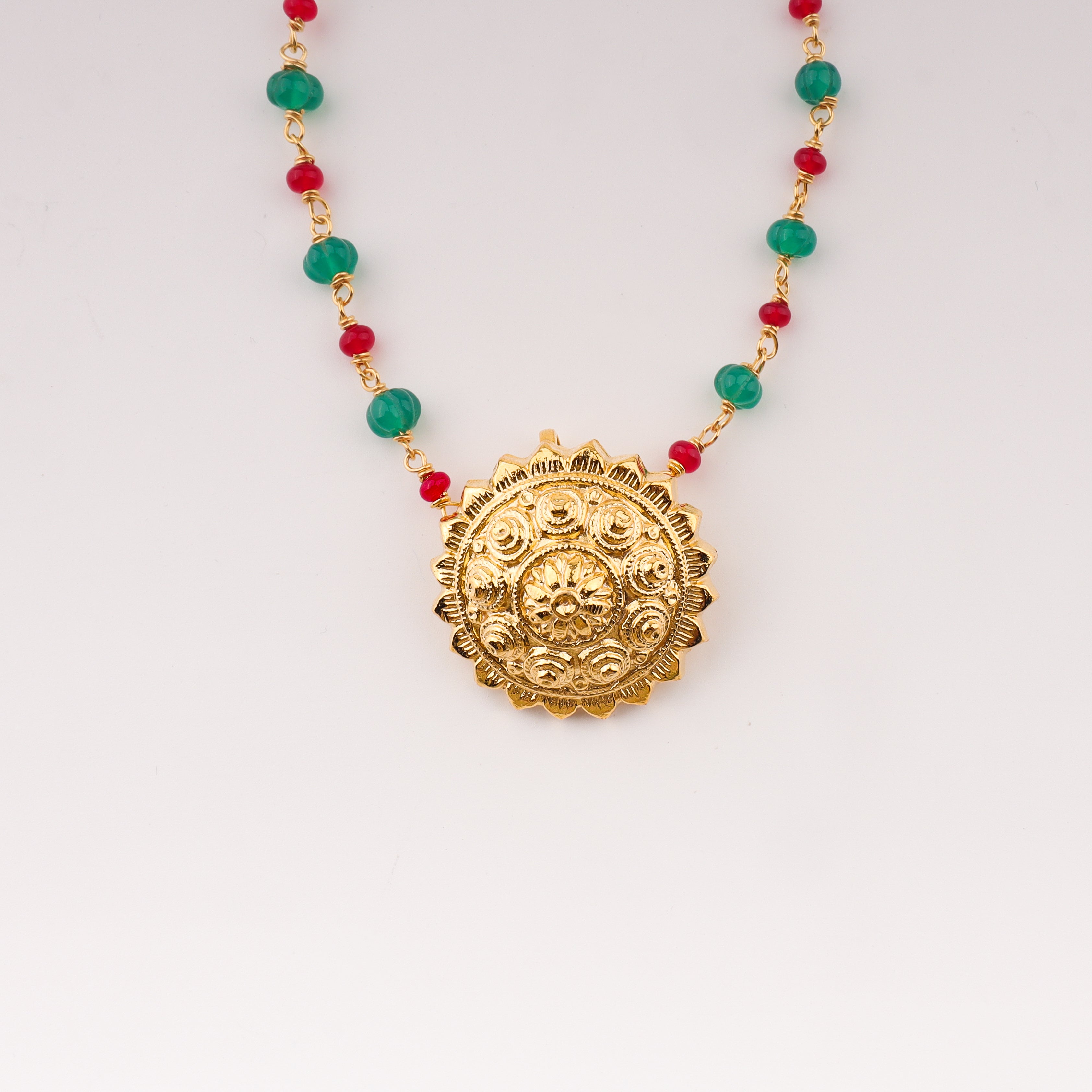 Gold Plated Pendant necklace with Ruby and Green Onyx