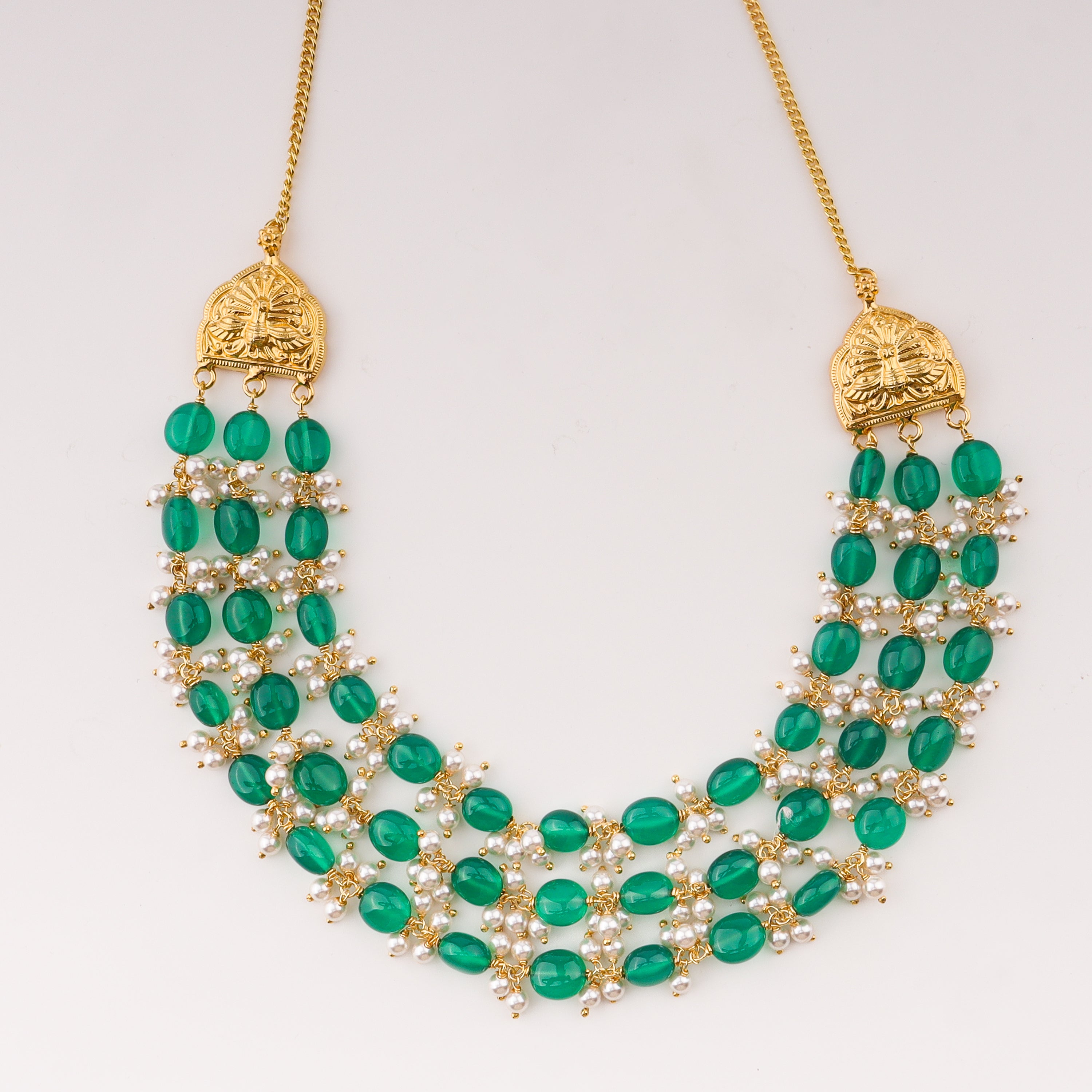 Aadyaa Luxe necklace (with green onyx and pearl bunches)